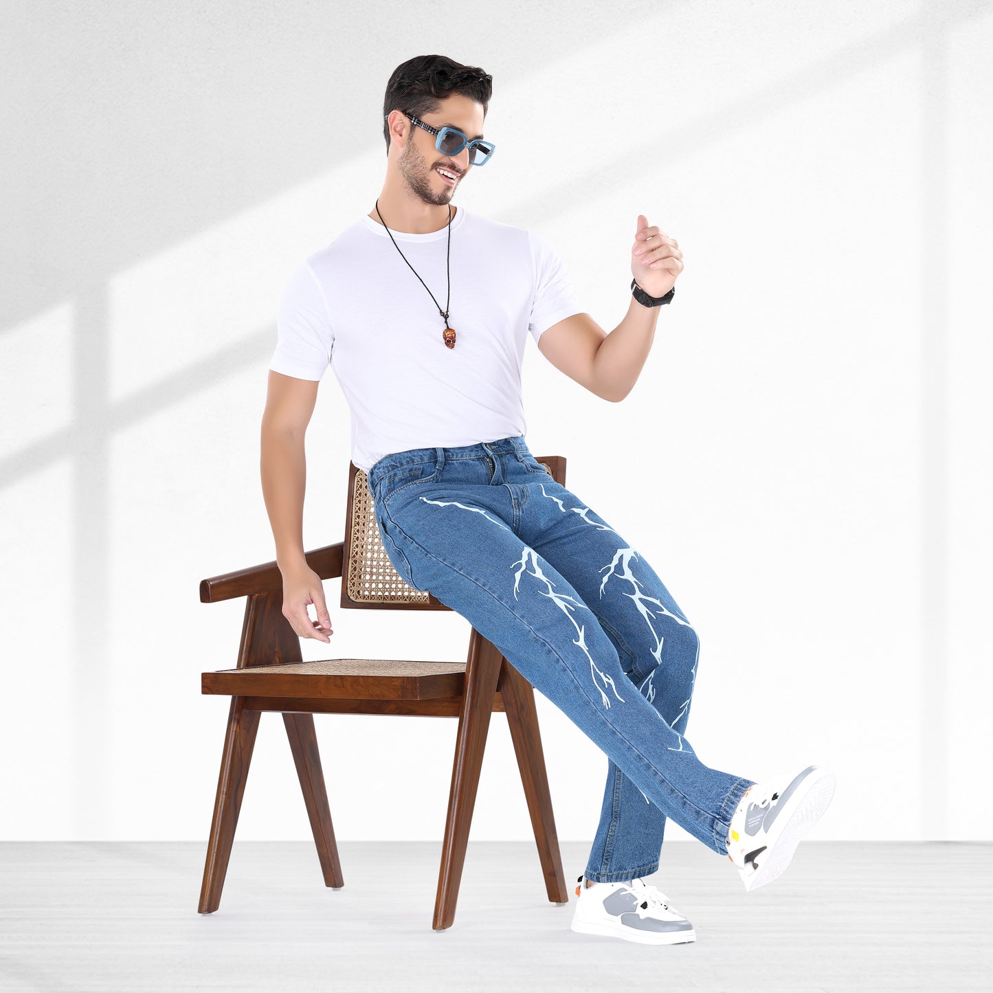 MQ Denim Straight Fit Non-Stretchable Blue Mid Rise Lightening Printed Pure Cotton Premium Fabric Men's Jeans