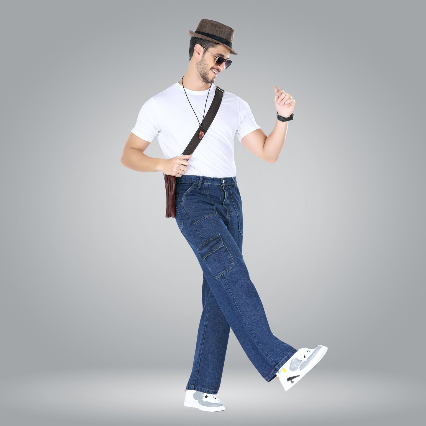 MQ Denim Men's Straight Leg 6-Pocket Mid Rise Cargo Jeans, Non-Stretchable and Pure Cotton Denim. Trendy and Comfortable Casual Wear.