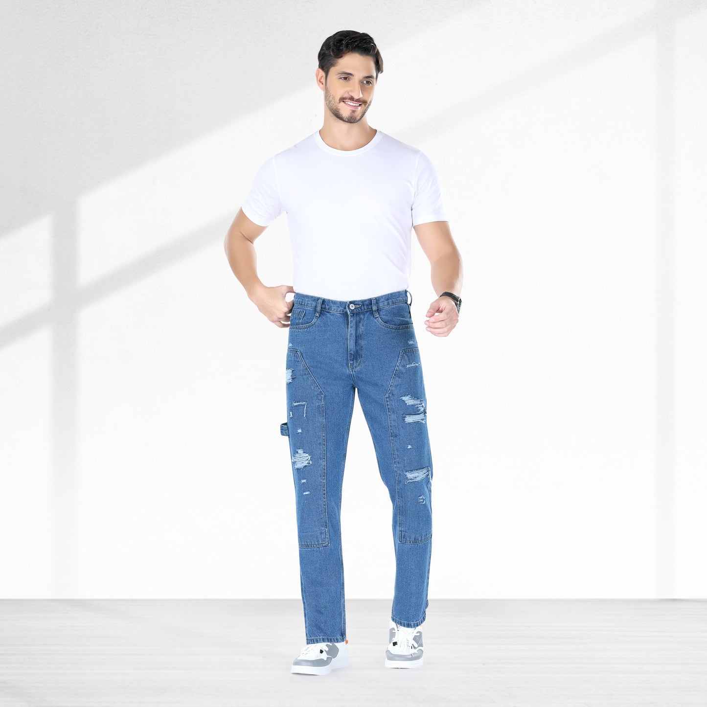 MQ Denim Straight Fit Non Stretchable Relaxed Mid Rise Stylish Blue Distressed Men's Jeans - Available in Variety of Colour