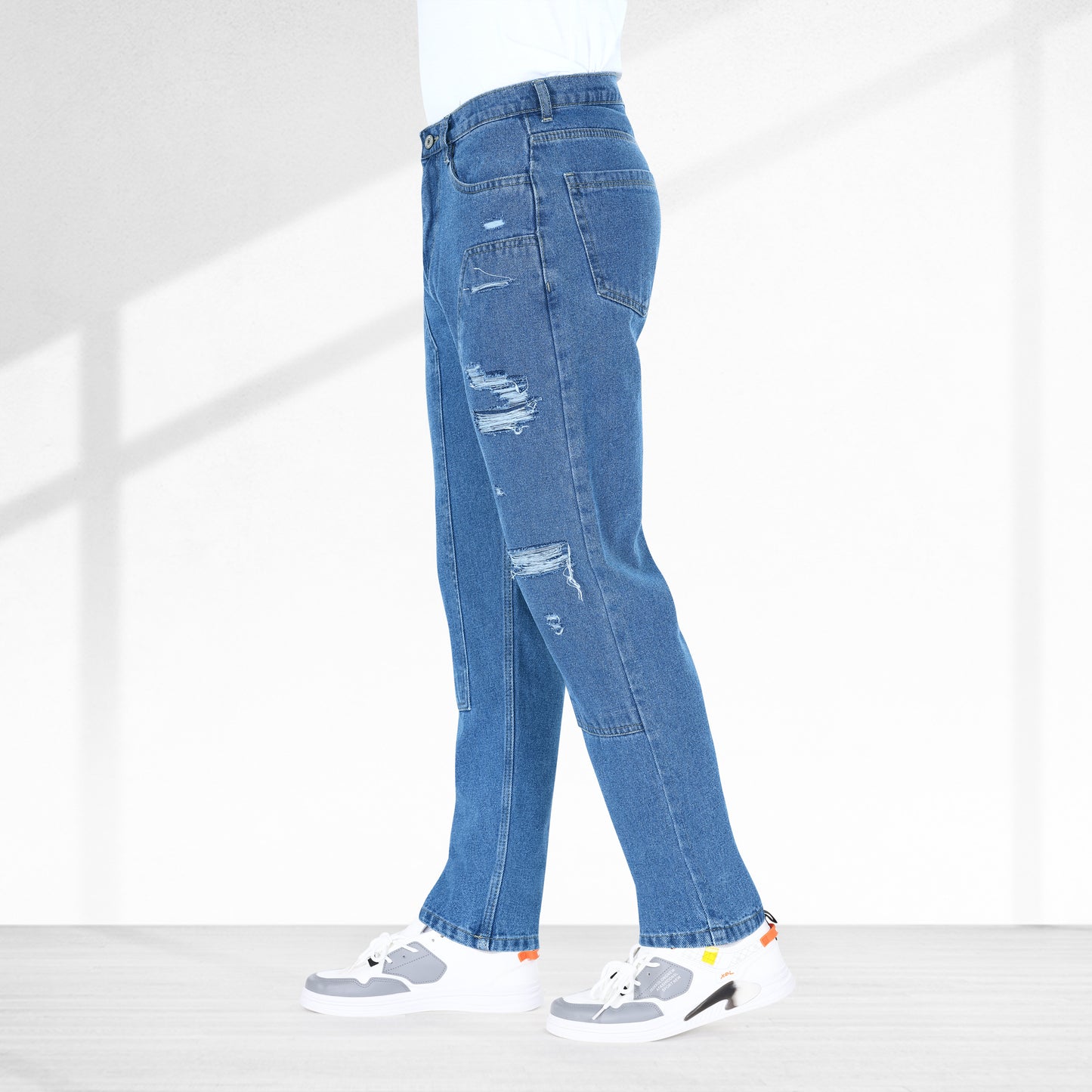 MQ Denim Straight Fit Non Stretchable Relaxed Mid Rise Stylish Blue Distressed Men's Jeans - Available in Variety of Colour