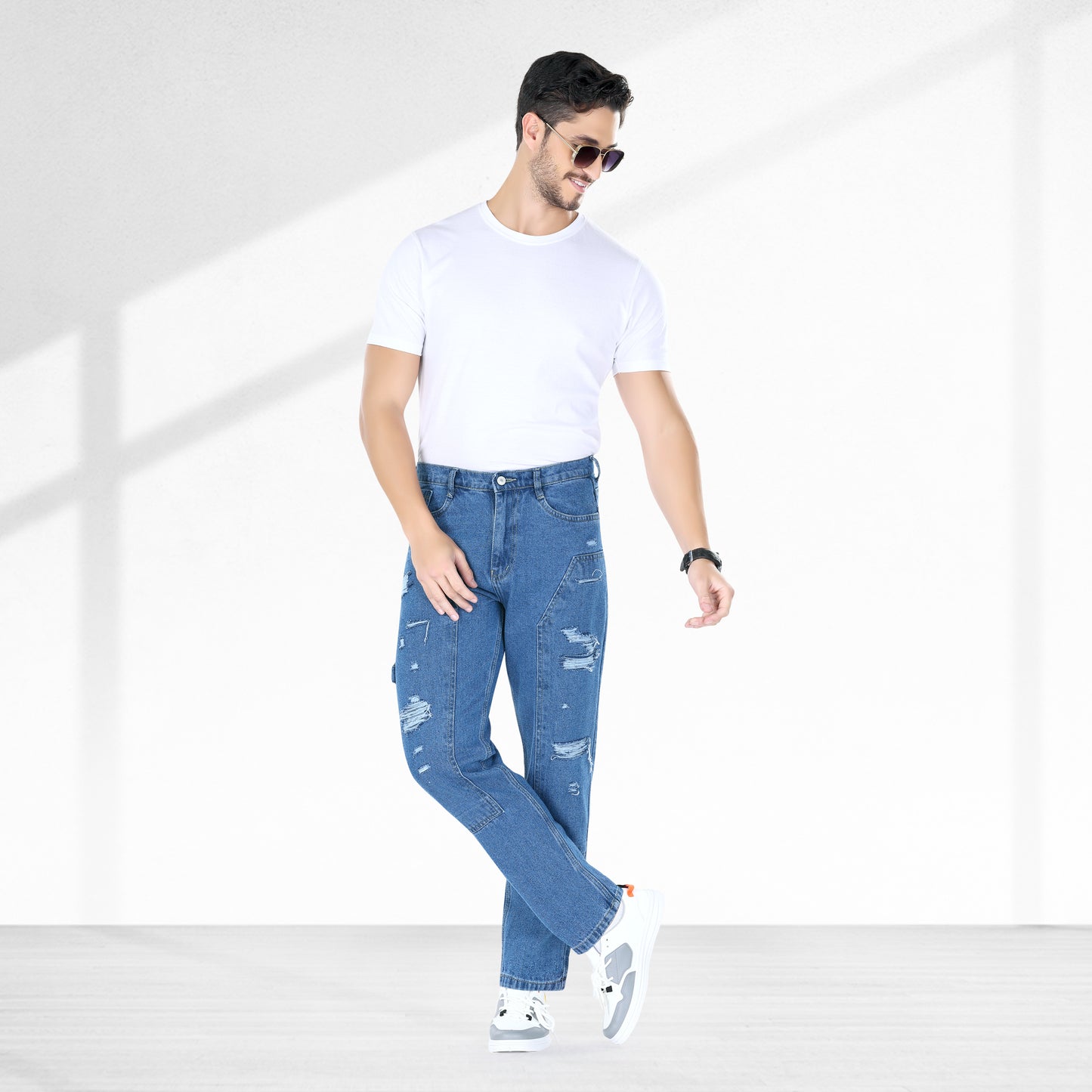MQ Denim Straight Fit Non Stretchable Relaxed Mid Rise Stylish Blue Distressed Men's Jeans - Available in Variety of Colour