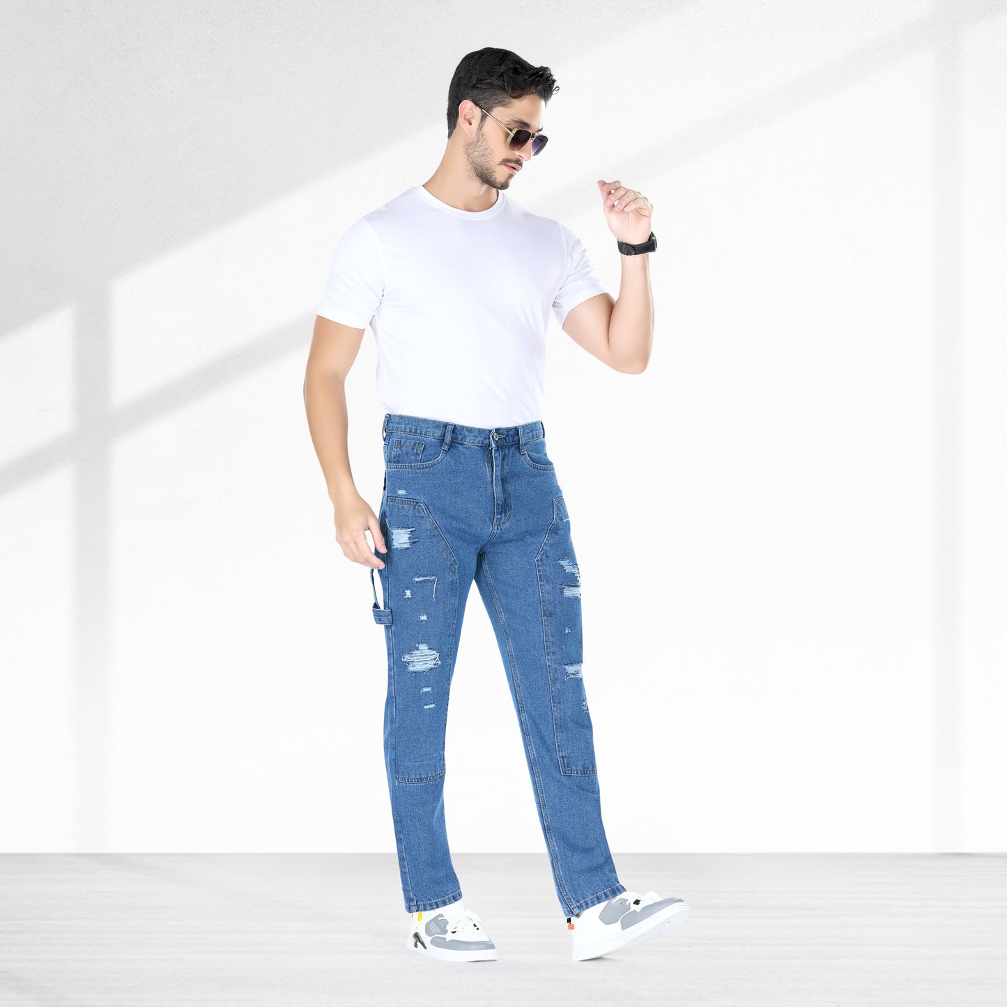 MQ Denim Straight Fit Non Stretchable Relaxed Mid Rise Stylish Blue Distressed Men's Jeans - Available in Variety of Colour