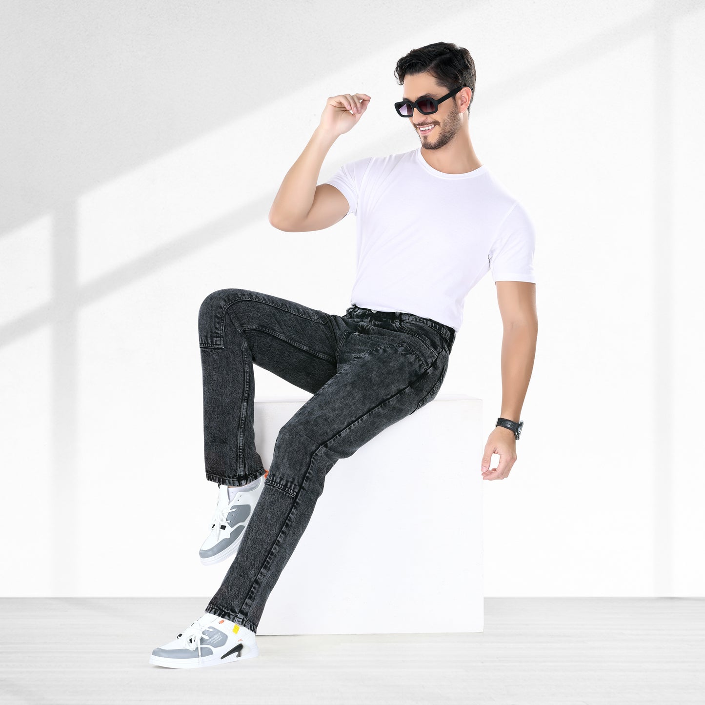 MQ Denim Straight Fit Non Stretchable Relaxed Mid Rise Stylish Charcoal Black Distressed Men's Jeans - Available in Variety of Colour