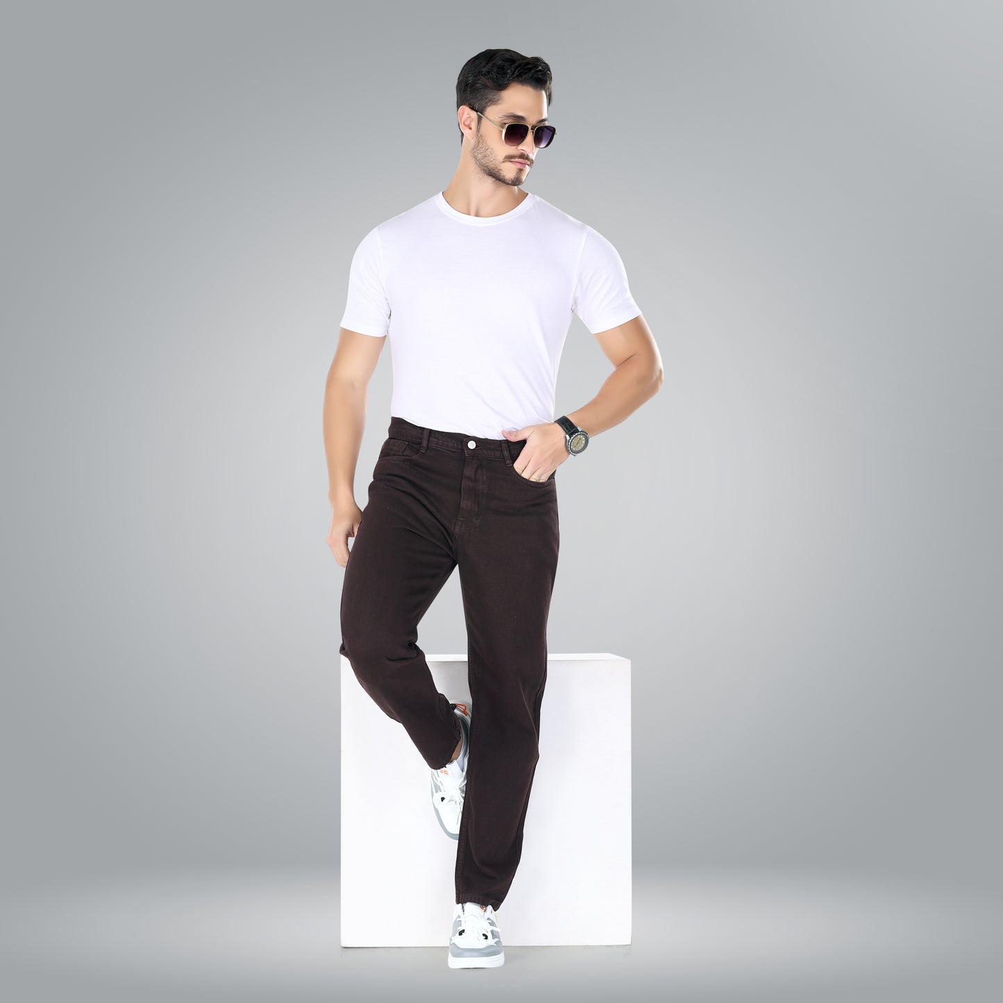 MQ Denim Men's Brown Straight Fit Stylish Non Stretch Mid Rise Pure Cotton Crafted with Premium Fabric Relaxed Jeans Available in Variety of Colour