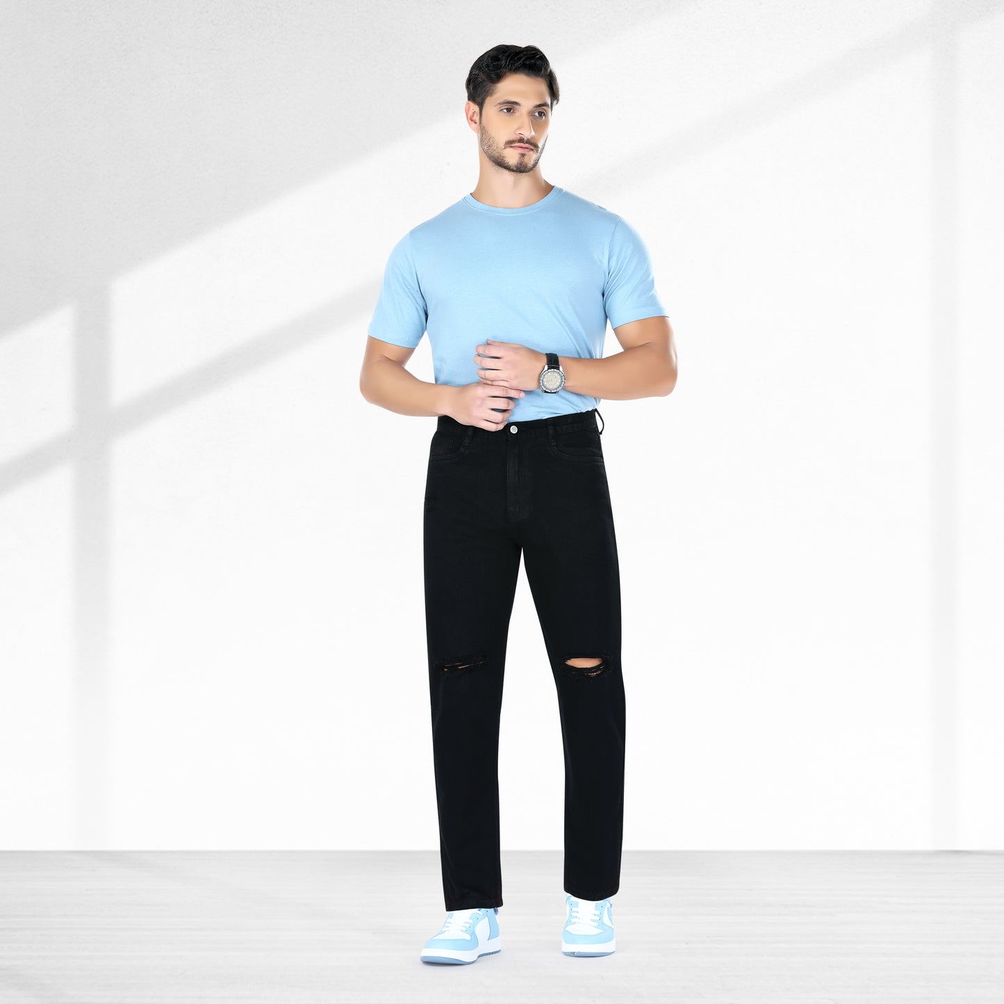 MQ Denim Non-Stretchable Black Straight Fit Knee Ripped Distressed Stylish Mid Rise Pure Cotton Fabric Men's Jeans Offered in Various Shades