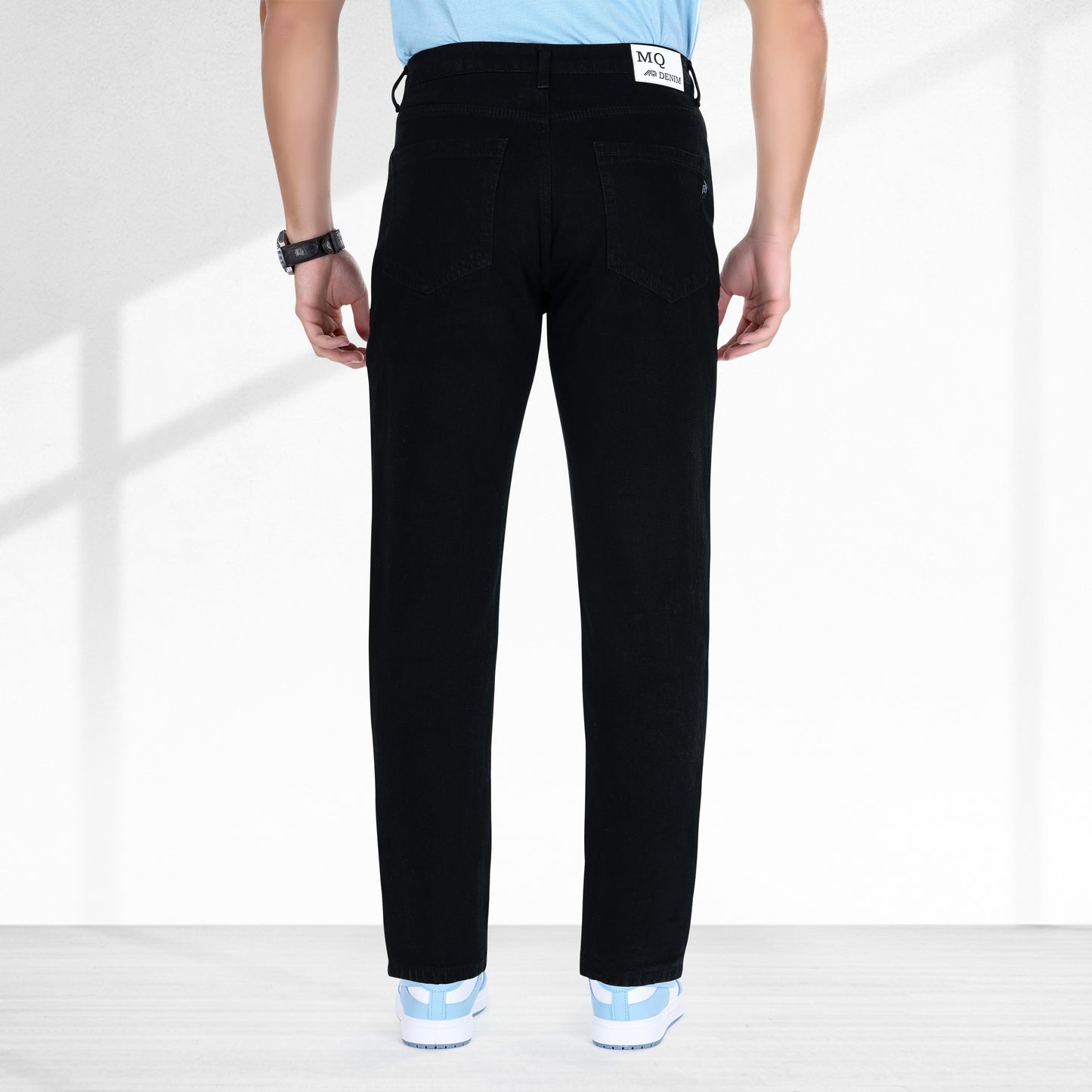 MQ Denim Non-Stretchable Black Straight Fit Knee Ripped Distressed Stylish Mid Rise Pure Cotton Fabric Men's Jeans Offered in Various Shades