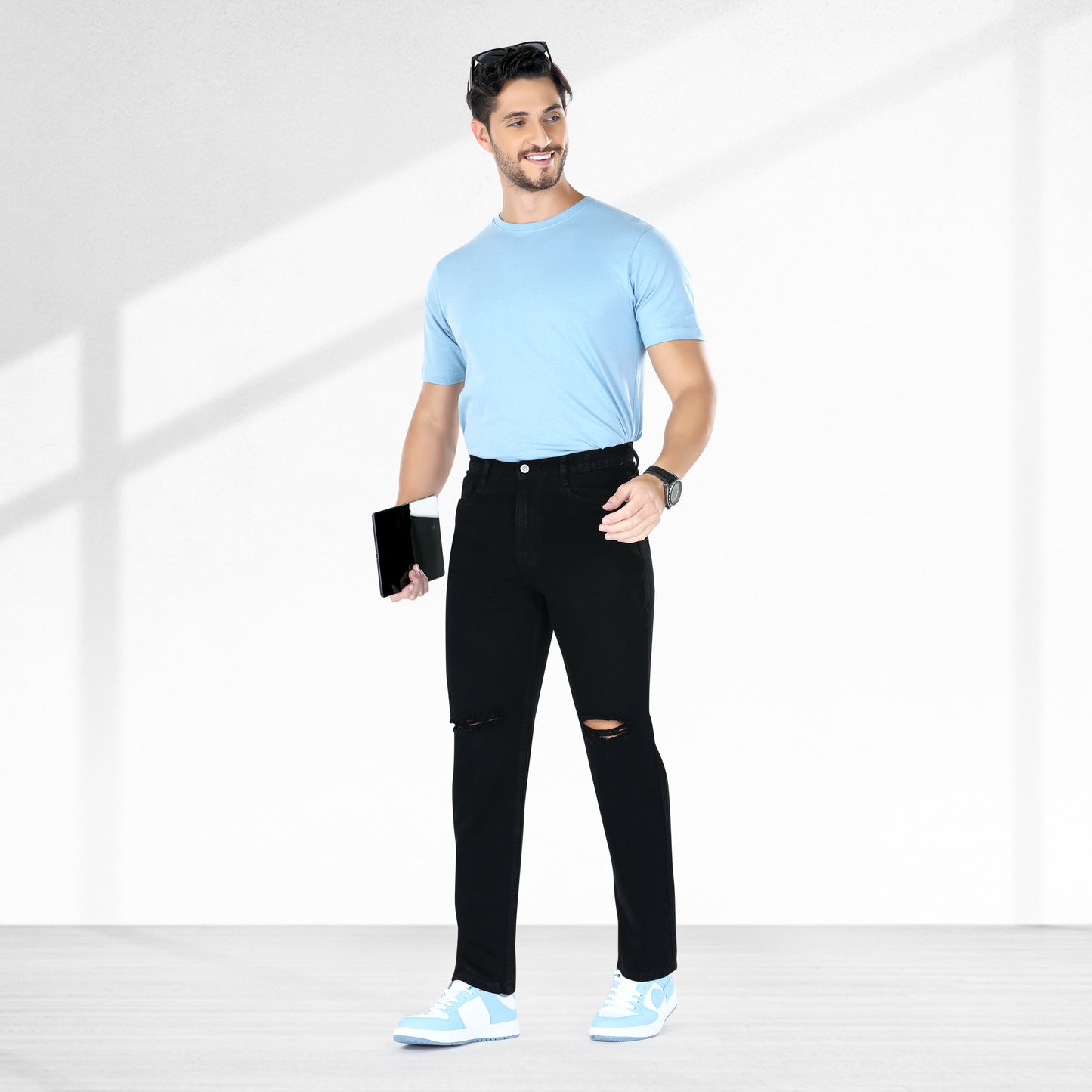 MQ Denim Non-Stretchable Black Straight Fit Knee Ripped Distressed Stylish Mid Rise Pure Cotton Fabric Men's Jeans Offered in Various Shades