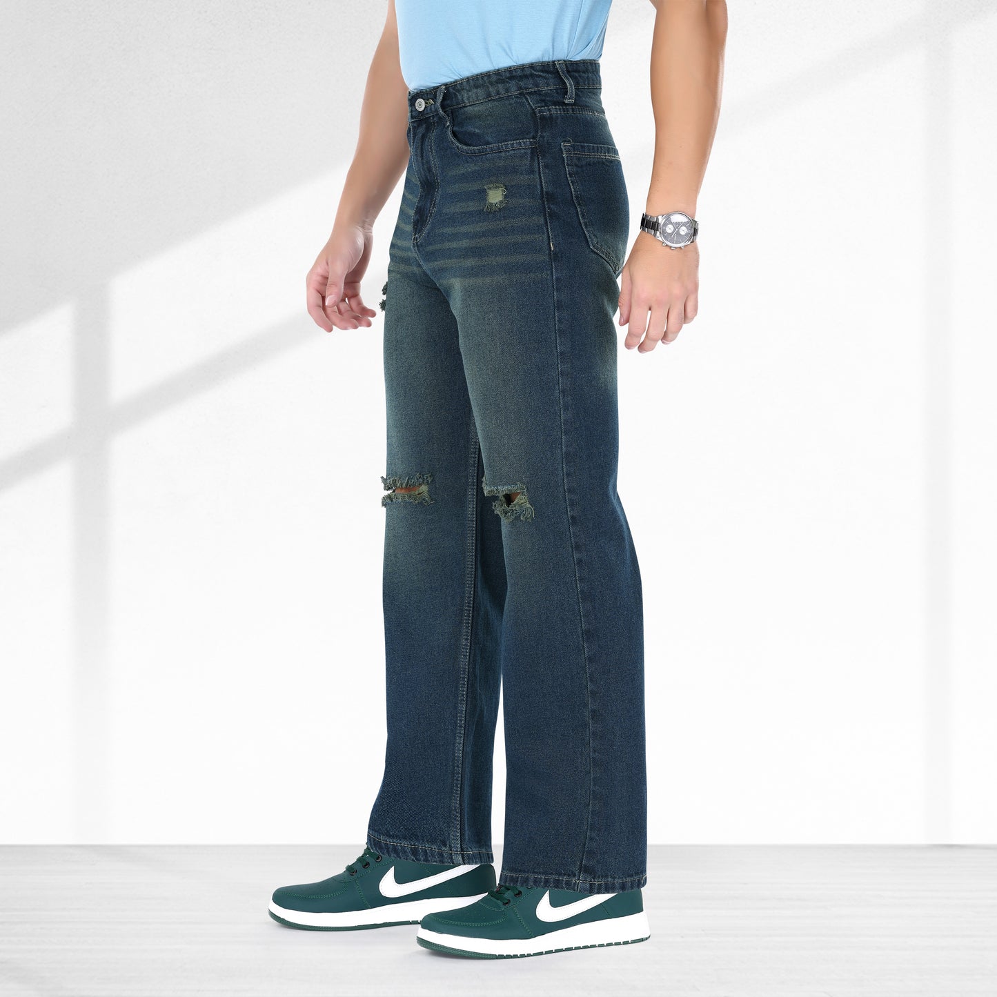 MQ Denim Knee Slit Distressed Dark Blue Loose Fit Relaxed Non-Stretchable 100% Cotton Mid Rise Men's Jeans