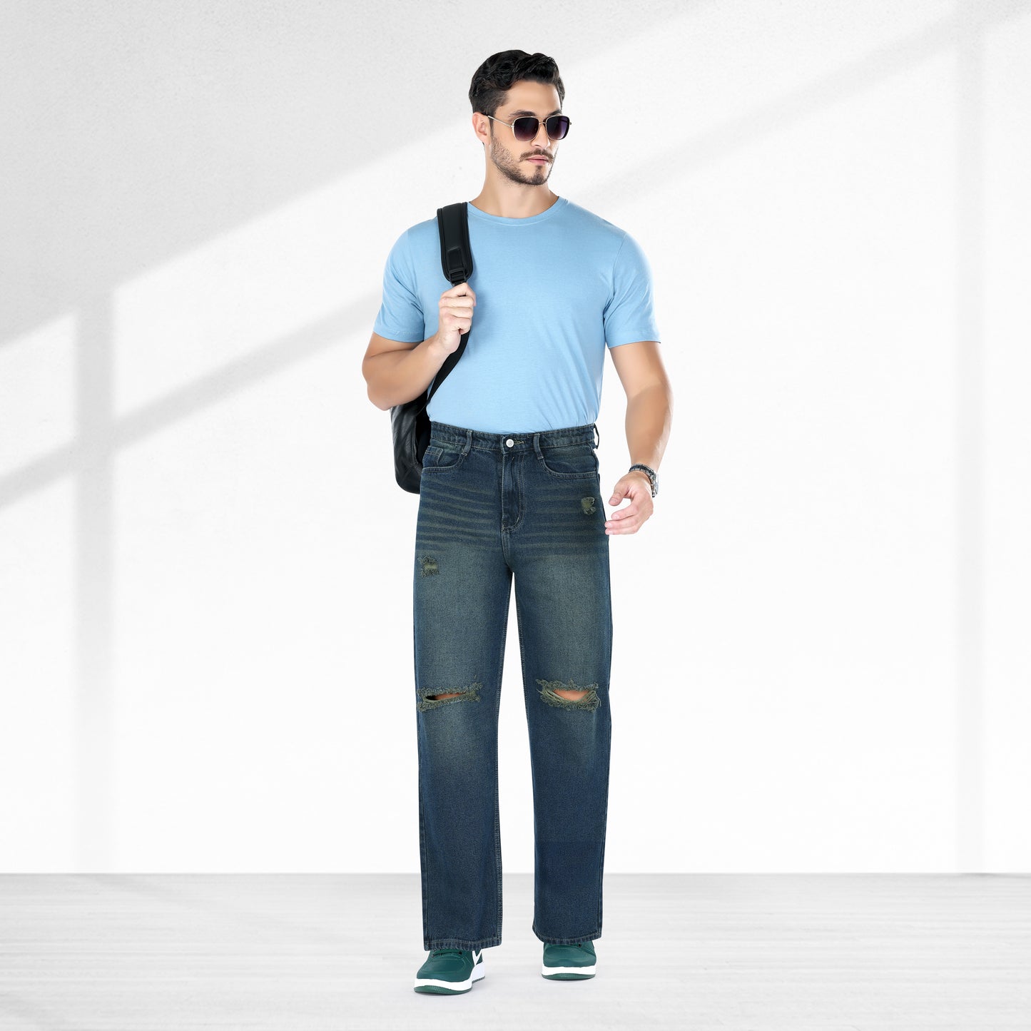 MQ Denim Knee Slit Distressed Dark Blue Loose Fit Relaxed Non-Stretchable 100% Cotton Mid Rise Men's Jeans