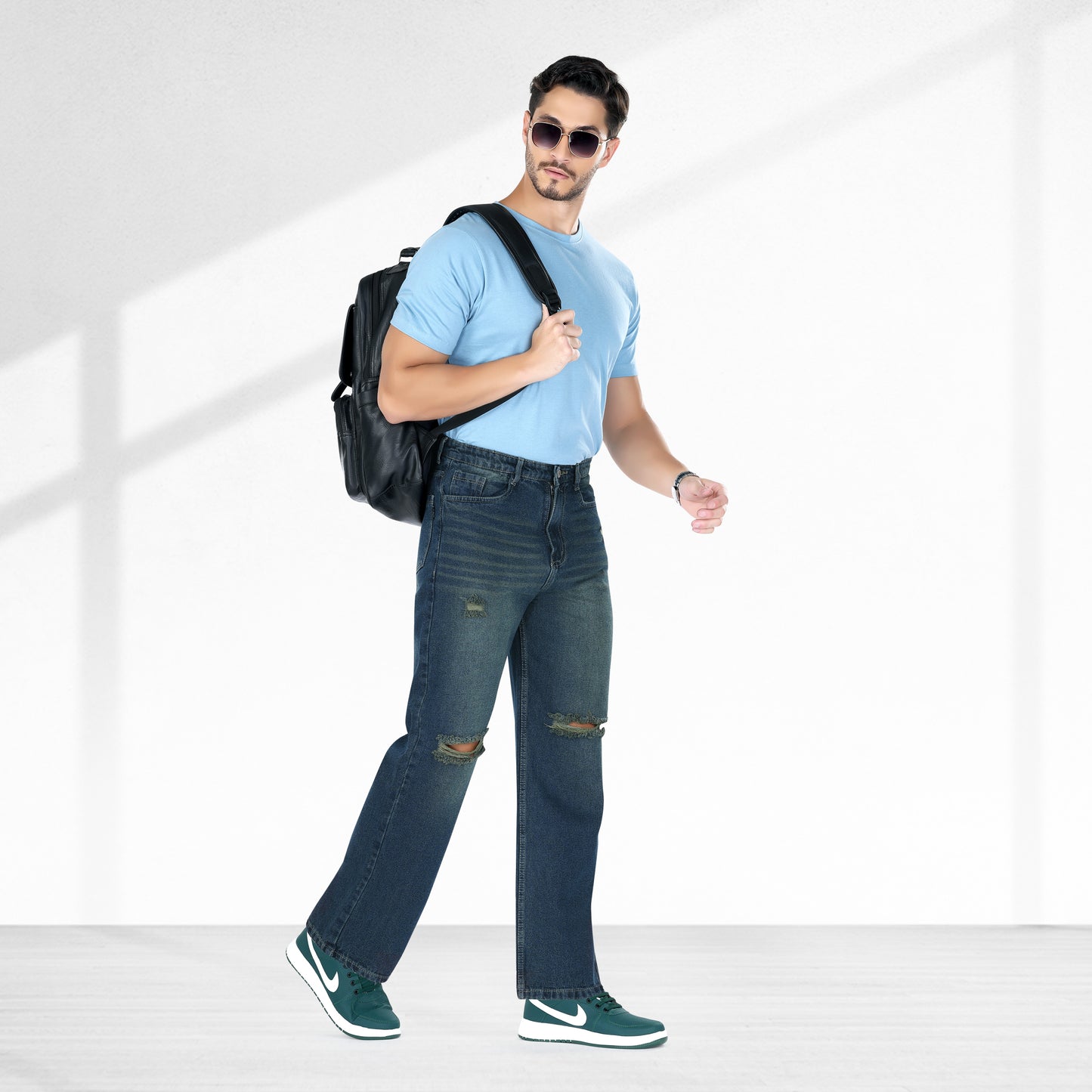 MQ Denim Knee Slit Distressed Dark Blue Loose Fit Relaxed Non-Stretchable 100% Cotton Mid Rise Men's Jeans