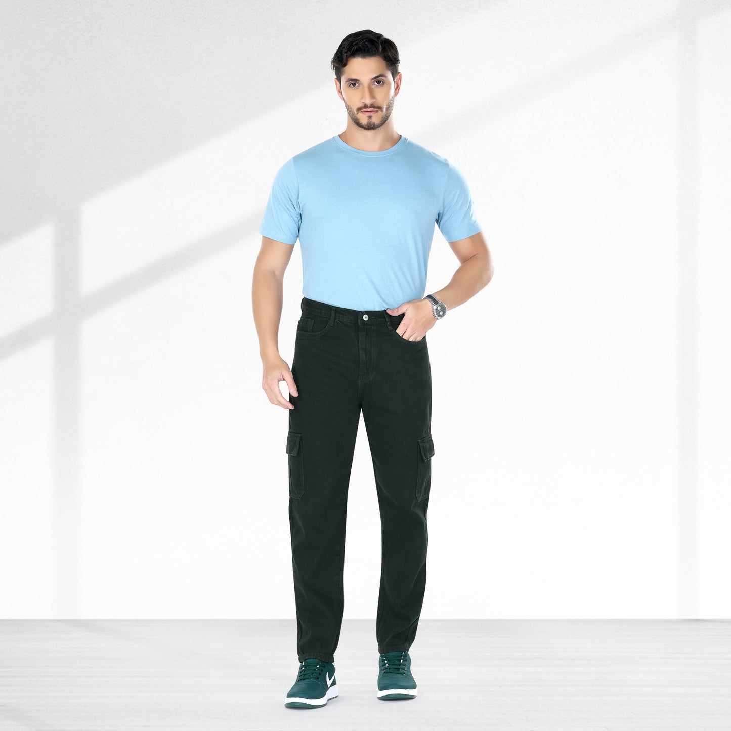 MQ Denim Men's Tapered Fit 6-Pocket Cargo Mid Rise Dark Green Jeans, Non-Stretchable and Pure Cotton Denim. Trendy and Comfortable Casual Wear