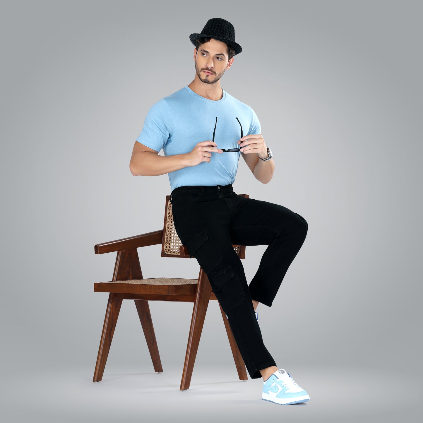 MQ Denim Men's Straight Fit 8-Pocket Black Cargo Mid Rise Jeans, Non-Stretchable and Pure Cotton Denim. Trendy and Comfortable