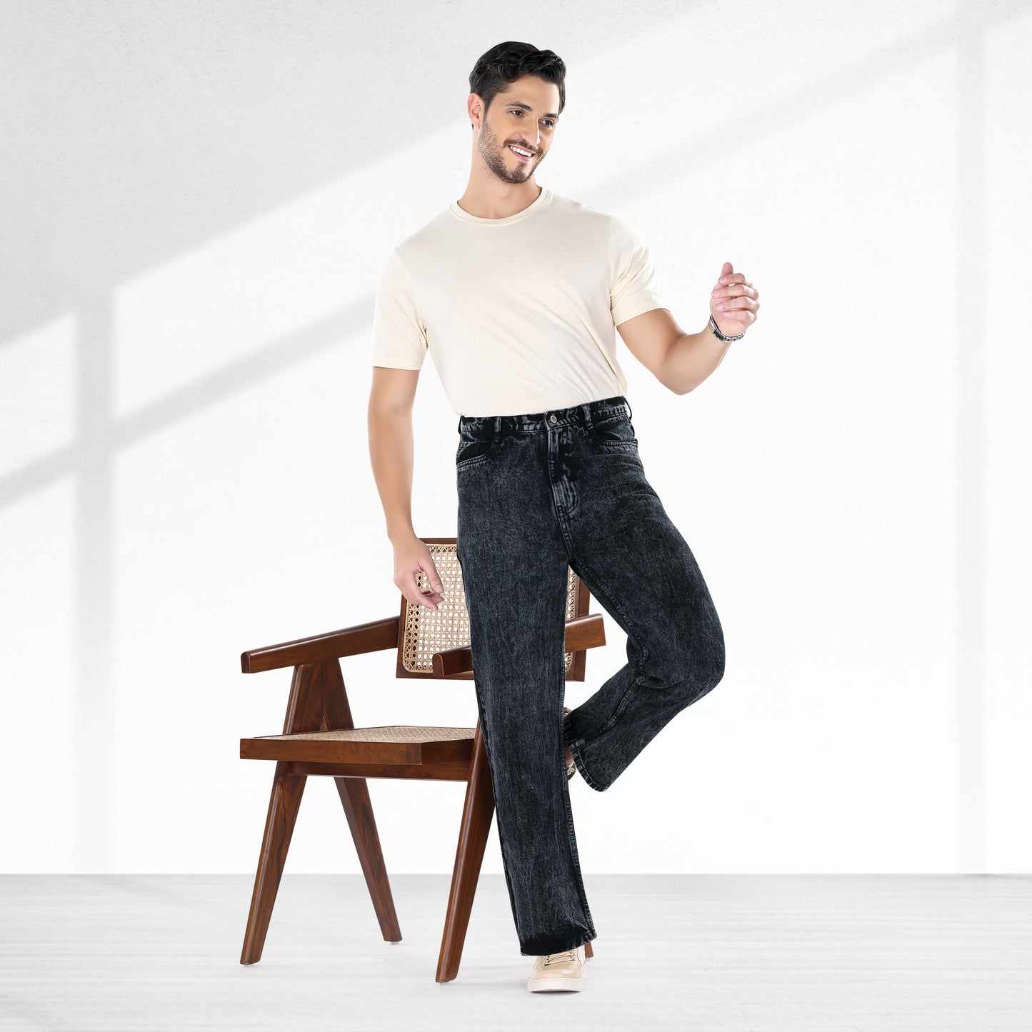 MQ Denim Men's Wide Leg Mid Rise Charcoal Black Cargo Jeans, Non-Stretchable and Pure Cotton Denim. Trendy and Comfortable Casual Wear.