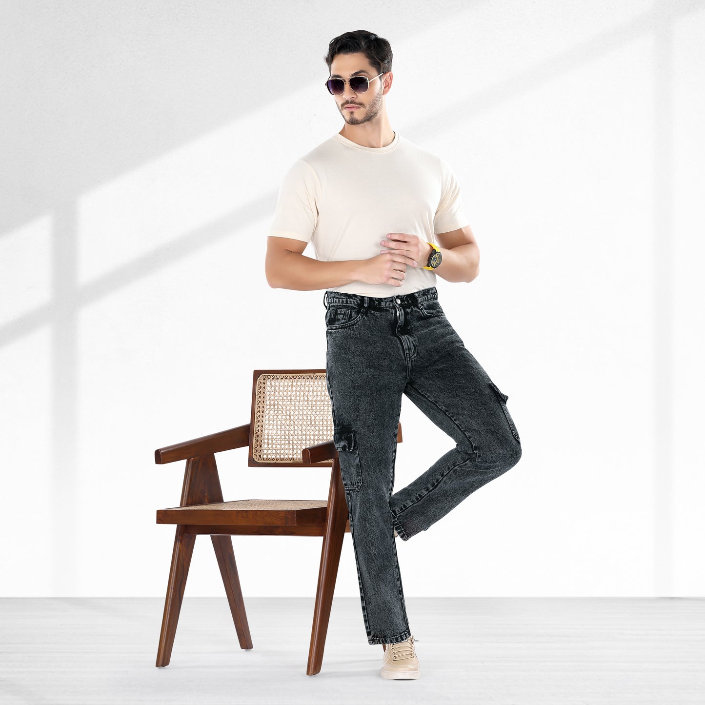 MQ Denim Men's Tapered Fit 6-Pocket Cargo Mid Rise Charcoal Black Jeans, Non-Stretchable and Pure Cotton Denim. Trendy and Comfortable Casual Wear.