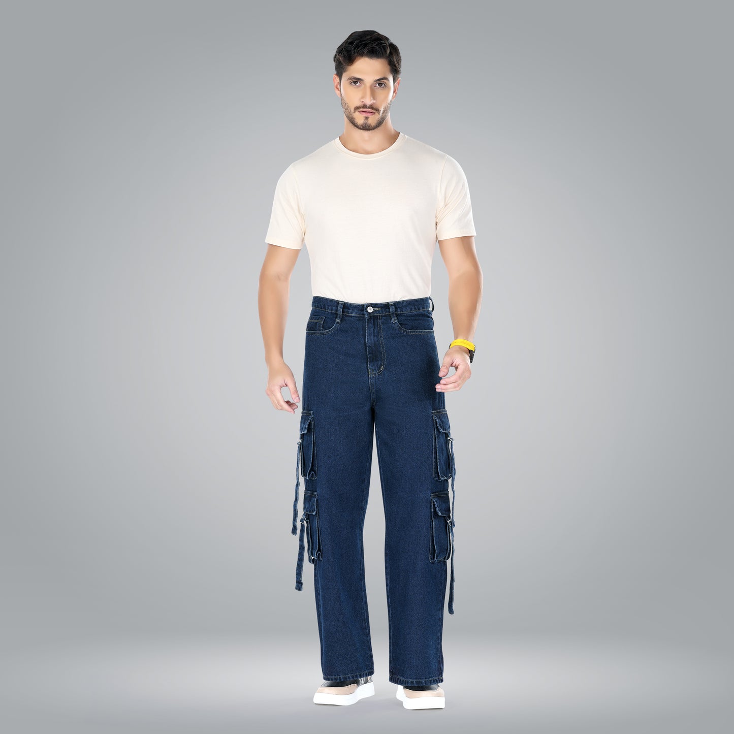 MQ Denim Men's Loose fit Mid Rise Dark Blue, Baggy Cargo Jeans Trendy and Stylish for Everyday wear.