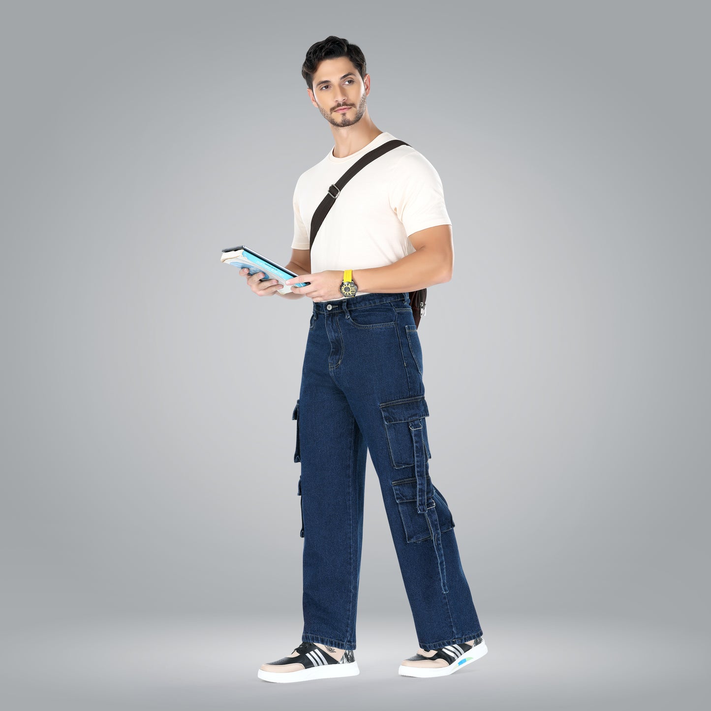MQ Denim Men's Loose fit Mid Rise Dark Blue, Baggy Cargo Jeans Trendy and Stylish for Everyday wear.
