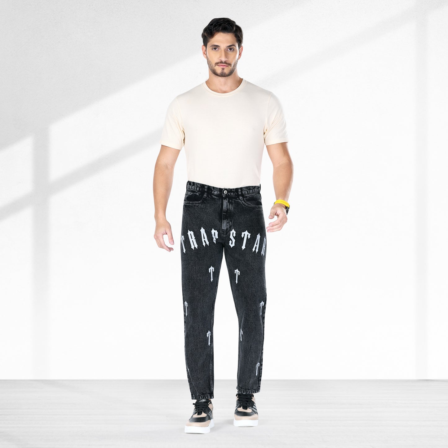 MQ Denim Pure Cotton Non-Stretchable Straight Fit Black Mid Rise Stylish Modern Printed Casual Men's Jeans