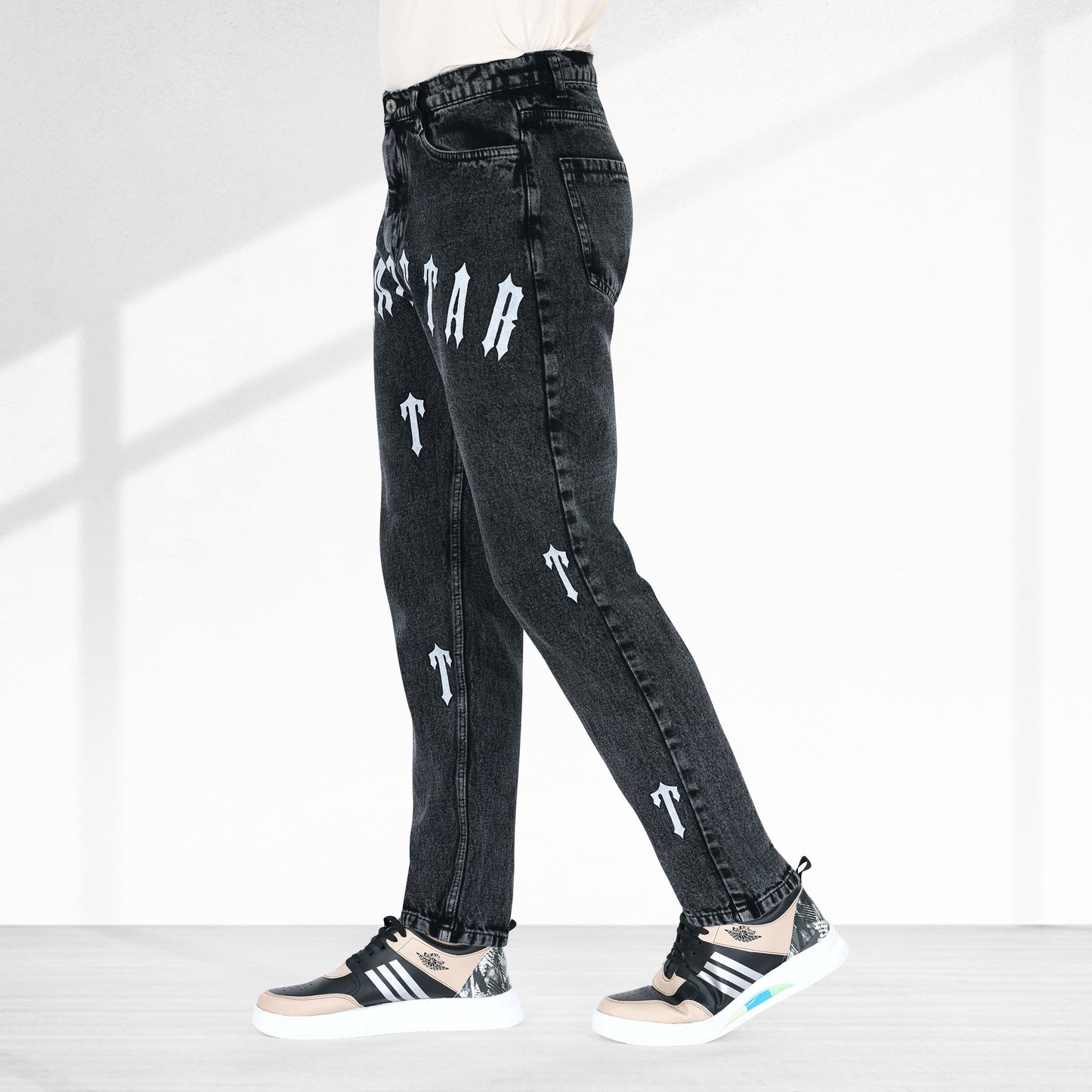 MQ Denim Pure Cotton Non-Stretchable Straight Fit Black Mid Rise Stylish Modern Printed Casual Men's Jeans