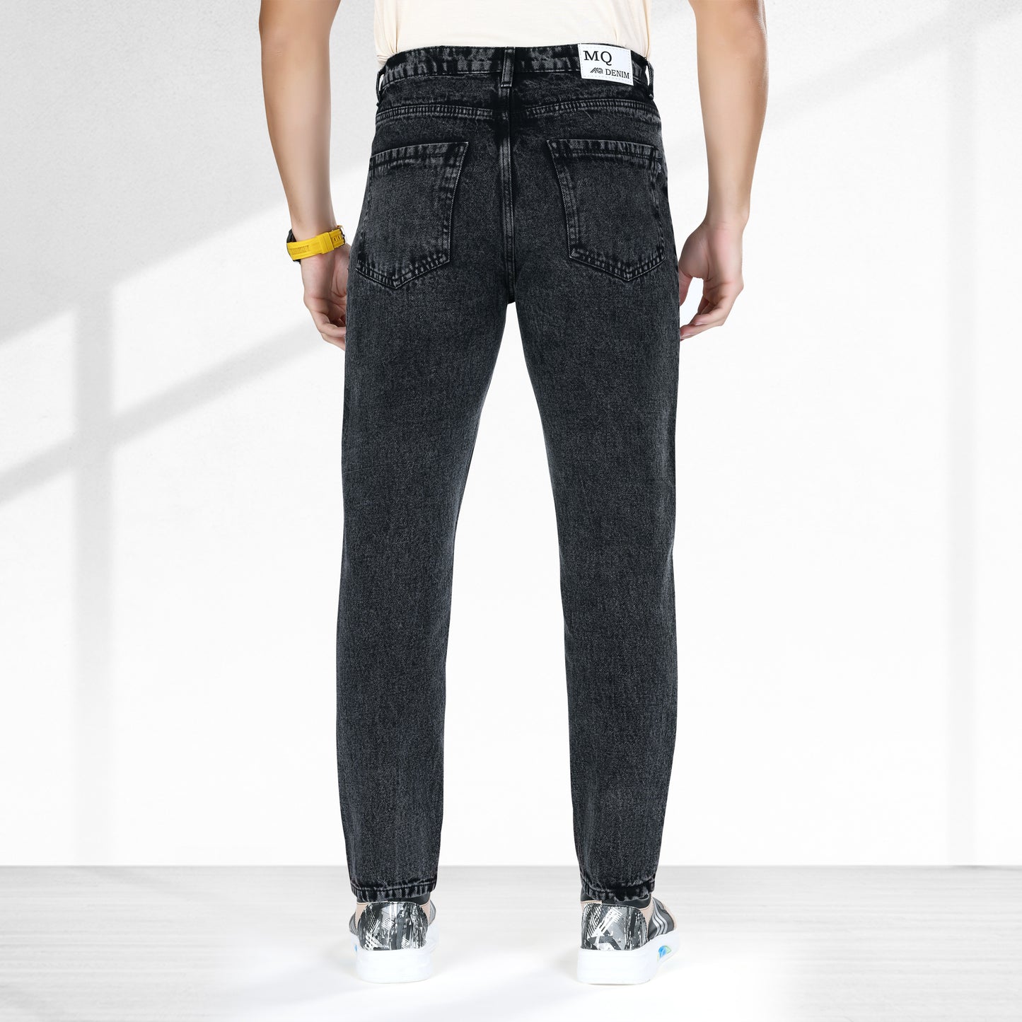 MQ Denim Pure Cotton Non-Stretchable Straight Fit Black Mid Rise Stylish Modern Printed Casual Men's Jeans
