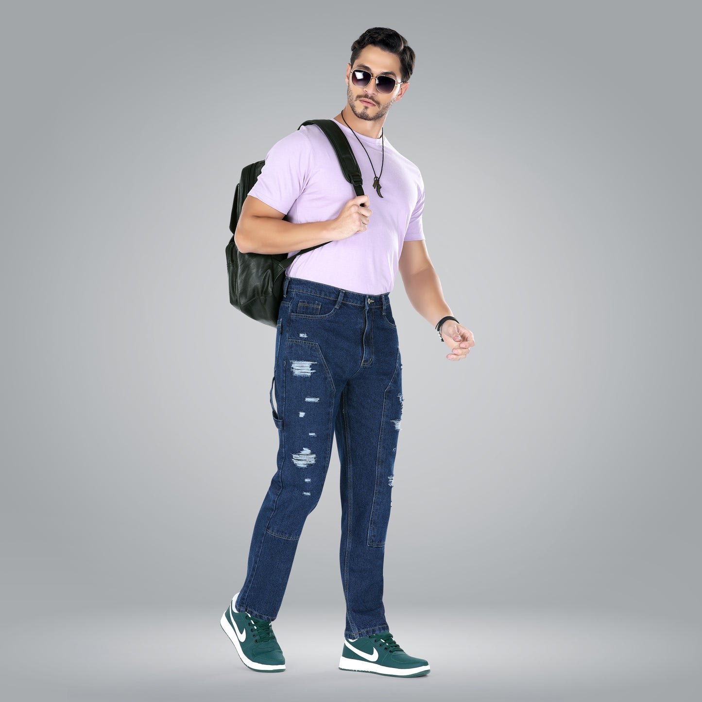 MQ Denim Straight Fit Non Stretchable Relaxed Mid Rise Stylish Dark Blue Distressed Men's Jeans - Available in Variety of Colour