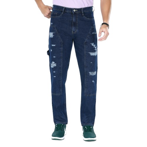 MQ Denim Straight Fit Non Stretchable Relaxed Mid Rise Stylish Dark Blue Distressed Men's Jeans - Available in Variety of Colour