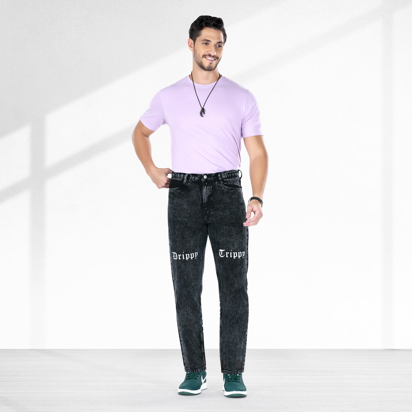 MQ Denim Men's Stylish Printed Mid Rise Charcoal Black Straight Fit Pure Cotton Non-Stretchable Jeans