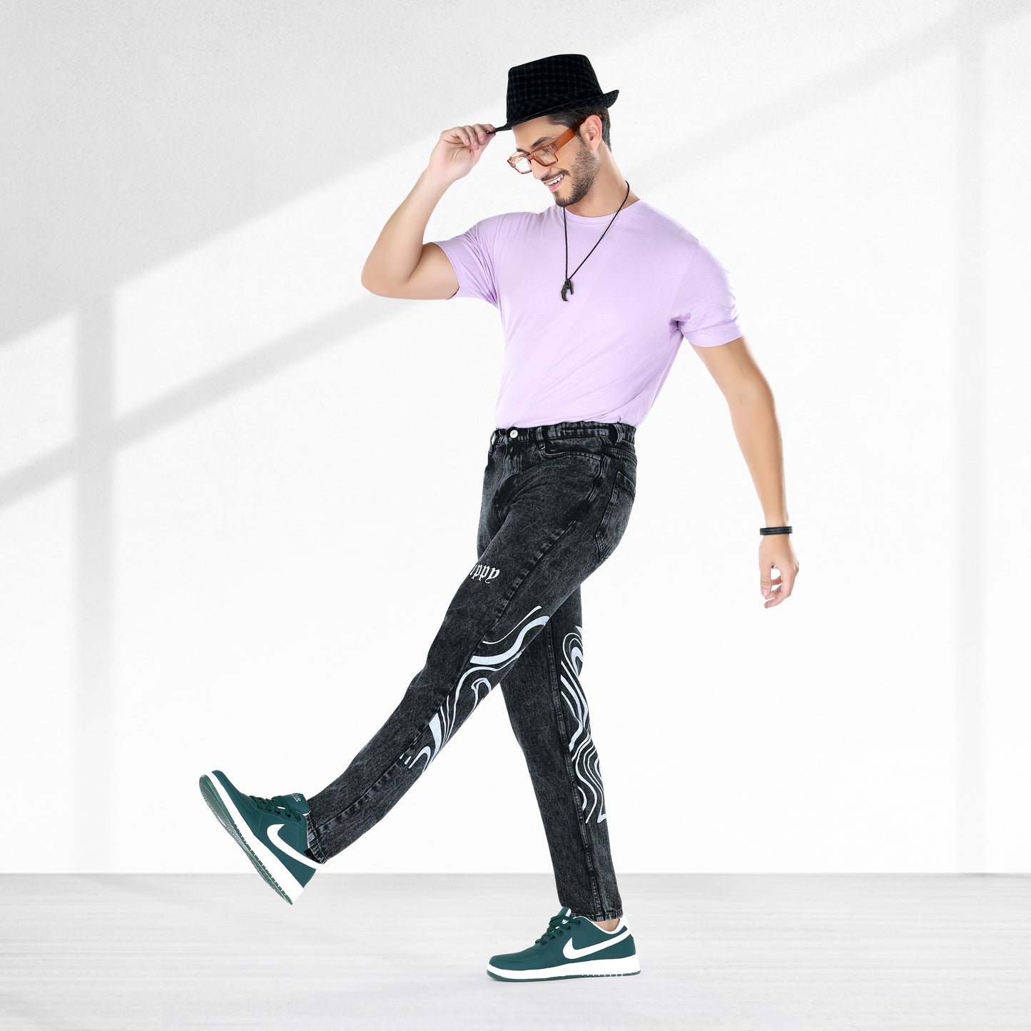 MQ Denim Men's Stylish Printed Mid Rise Charcoal Black Straight Fit Pure Cotton Non-Stretchable Jeans