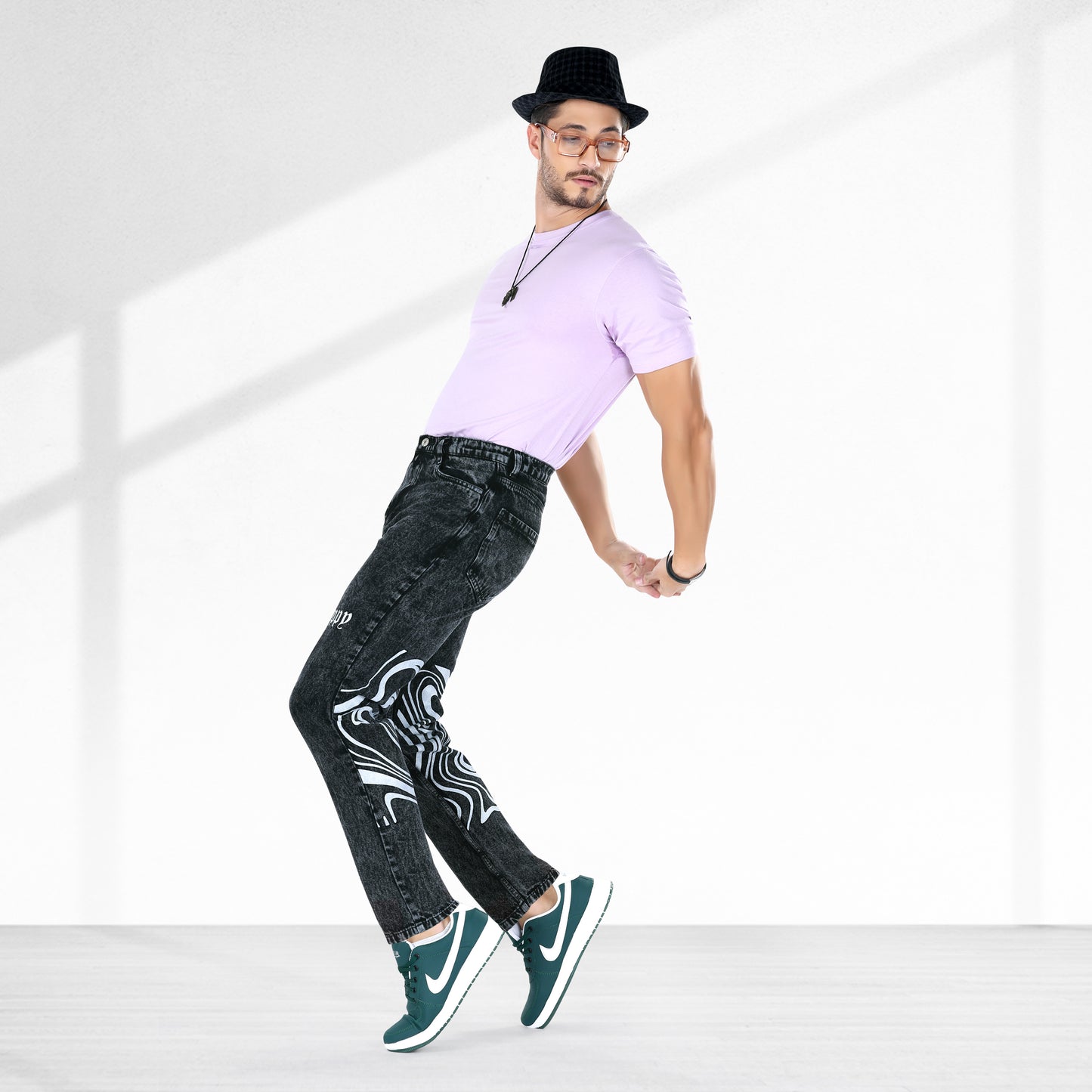 MQ Denim Men's Stylish Printed Mid Rise Charcoal Black Straight Fit Pure Cotton Non-Stretchable Jeans