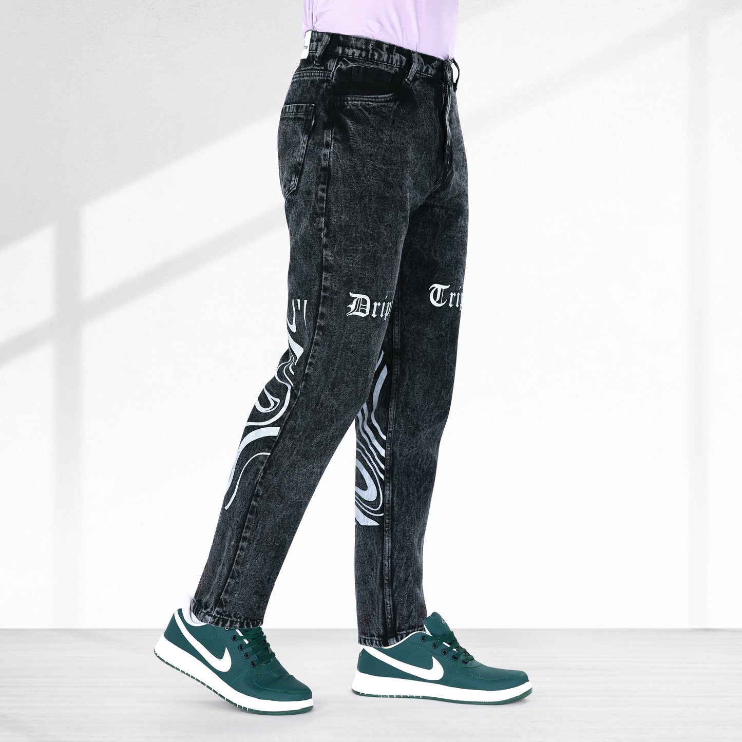 MQ Denim Men's Stylish Printed Mid Rise Charcoal Black Straight Fit Pure Cotton Non-Stretchable Jeans