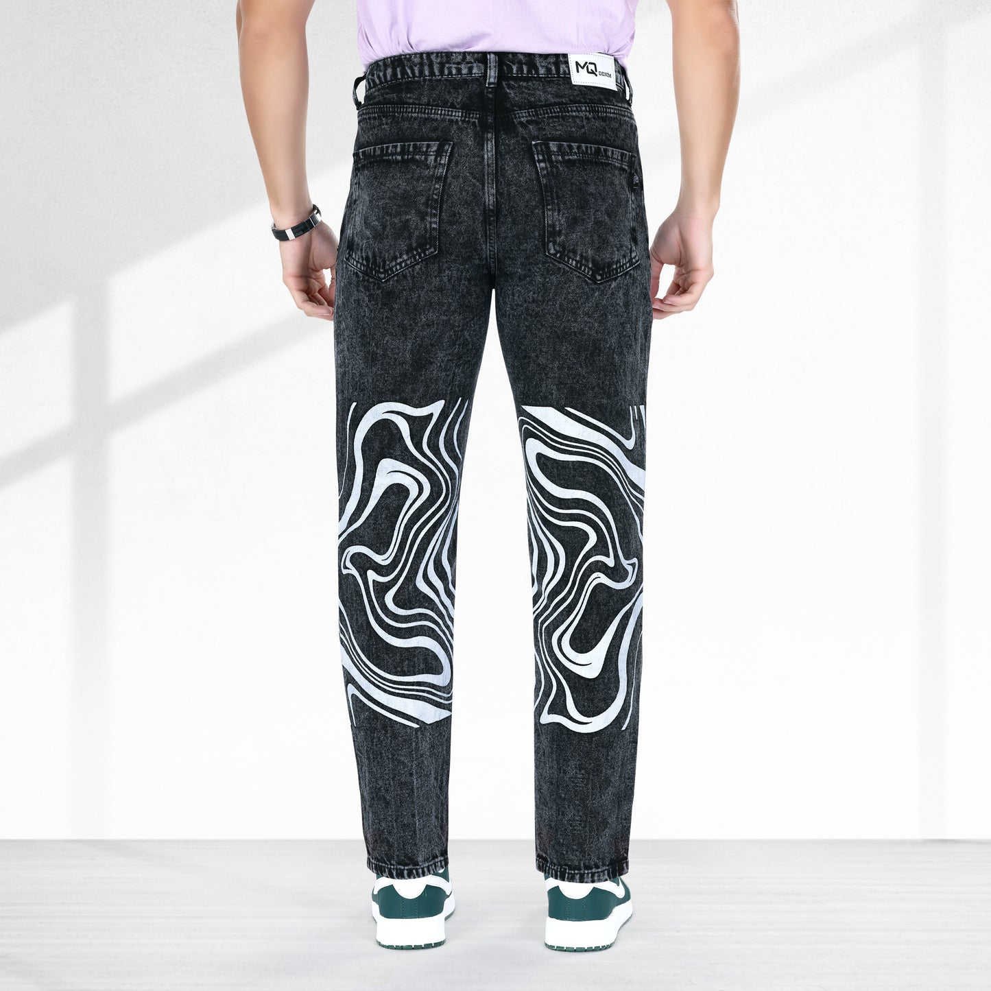MQ Denim Men's Stylish Printed Mid Rise Charcoal Black Straight Fit Pure Cotton Non-Stretchable Jeans