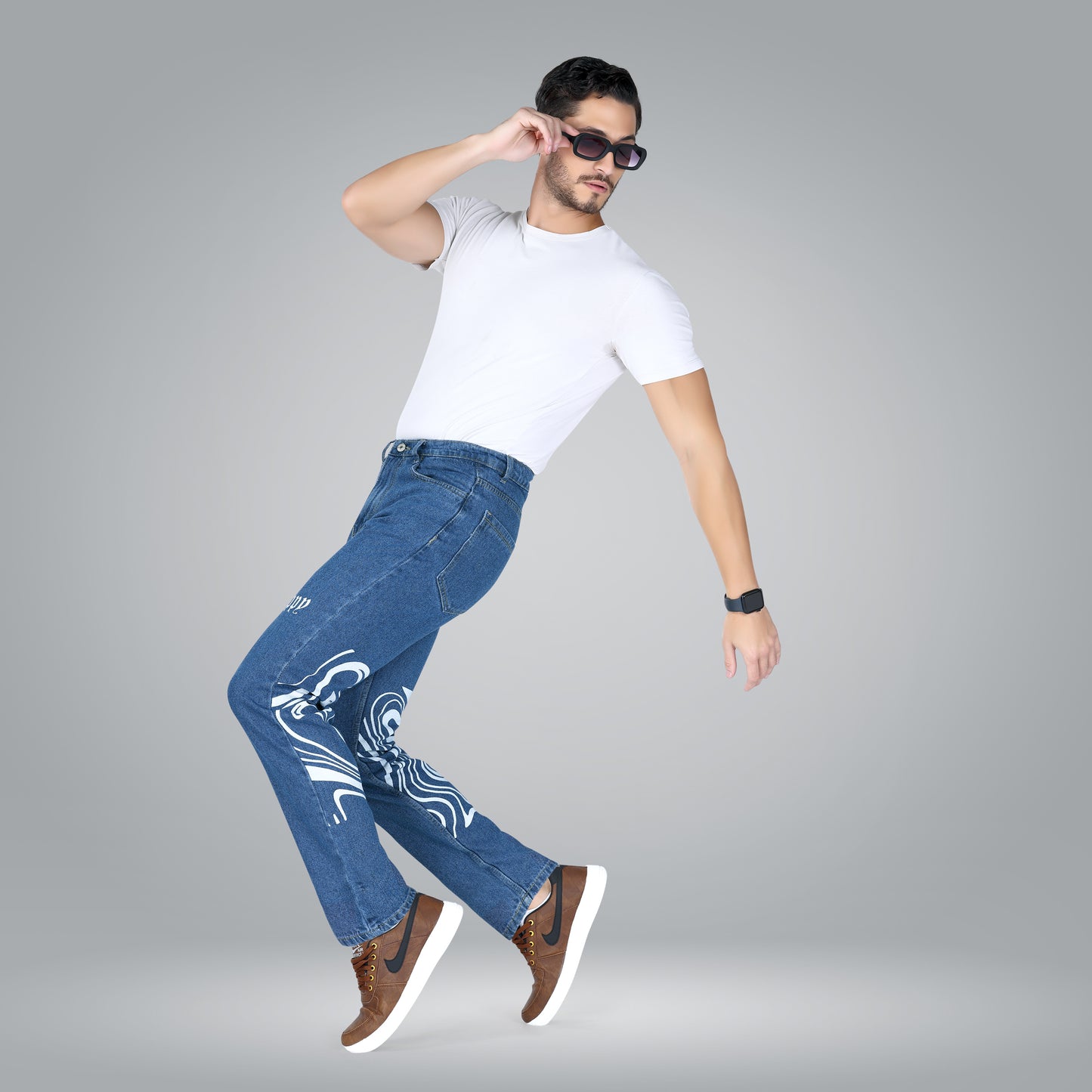 MQ Denim Men's Stylish Printed Mid Rise Blue Straight Fit Pure Cotton Non-Stretchable Jeans