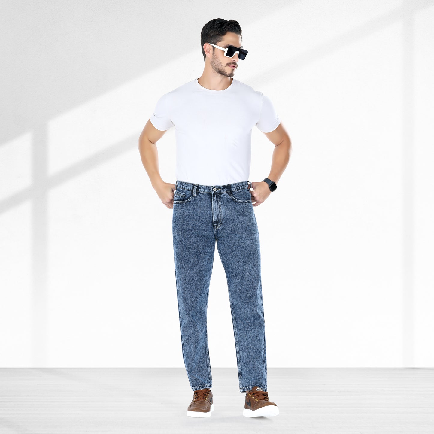 MQ Denim Blue Ballblast Straight Fit Stylish Non Stretch Mid Rise Pure Cotton Crafted with Premium Fabric Relaxed Jeans Available in Variety of Colour