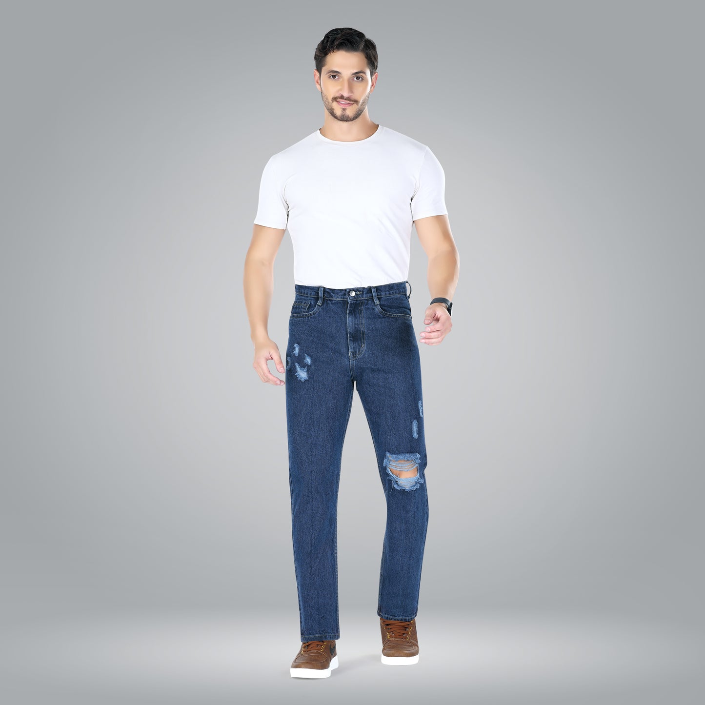 MQ Denim Mid-Rise Dark Blue Non Stretchable Pure Cotton Straight Fit Ripped Jeans