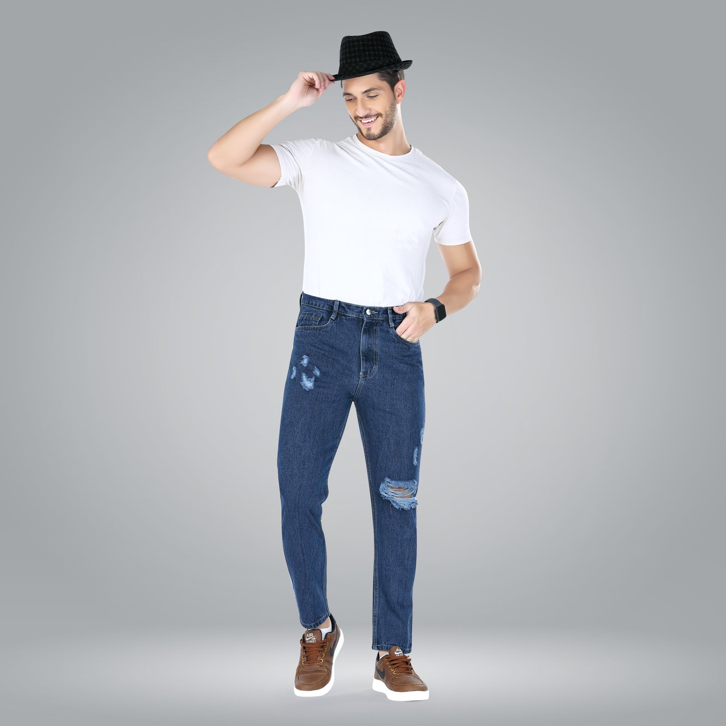 MQ Denim Mid-Rise Dark Blue Non Stretchable Pure Cotton Straight Fit Ripped Jeans