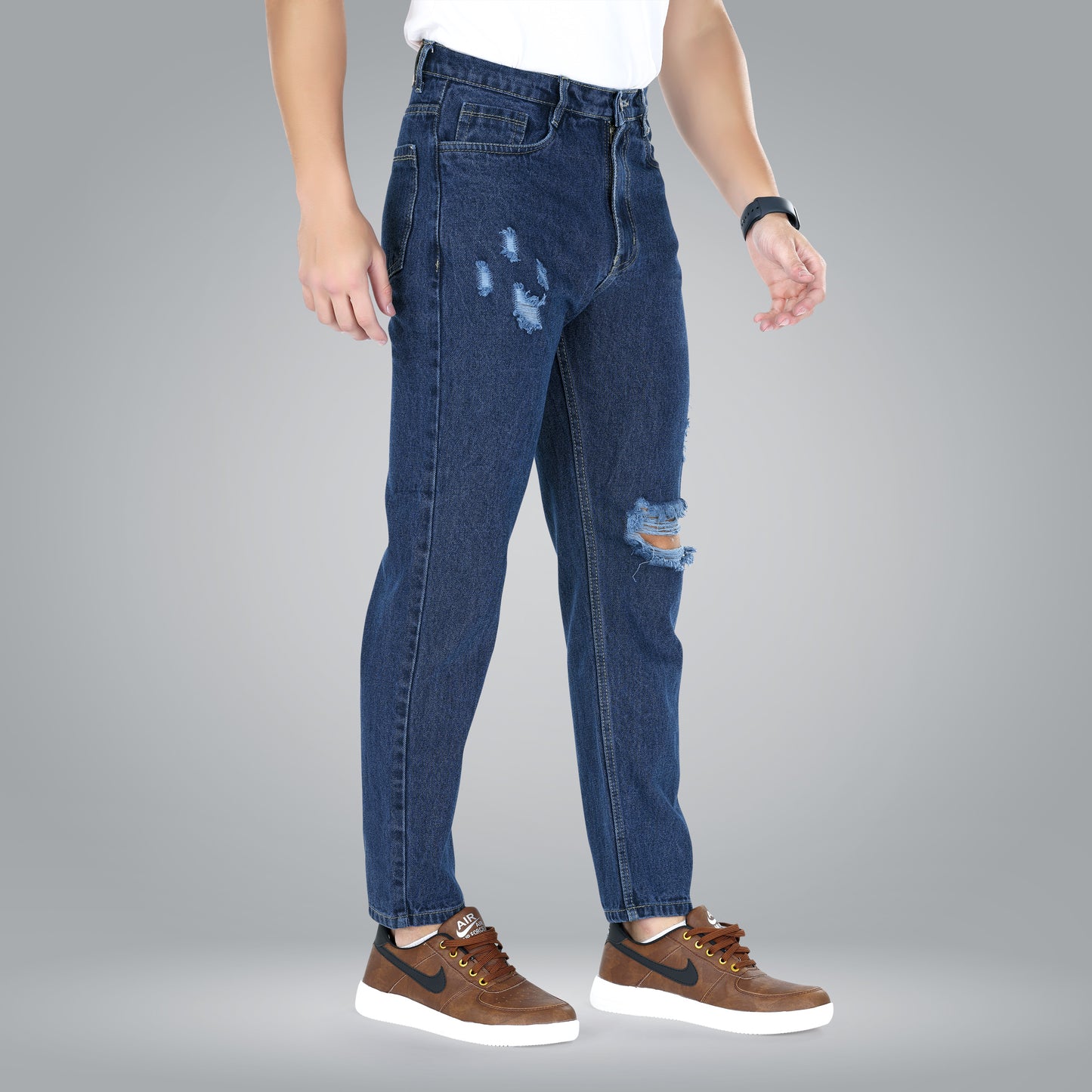 MQ Denim Mid-Rise Dark Blue Non Stretchable Pure Cotton Straight Fit Ripped Jeans
