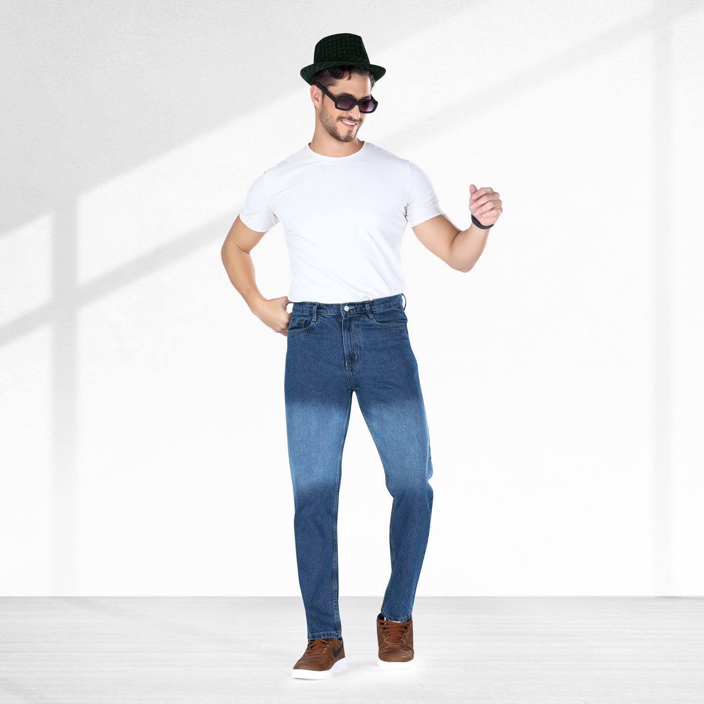 MQ Denim Men's Dark Blue color Ombre Style Regular Fit Mid Rise Non-Stretchable Pure Cotton Men's Jeans with Multiple Designs and Colour