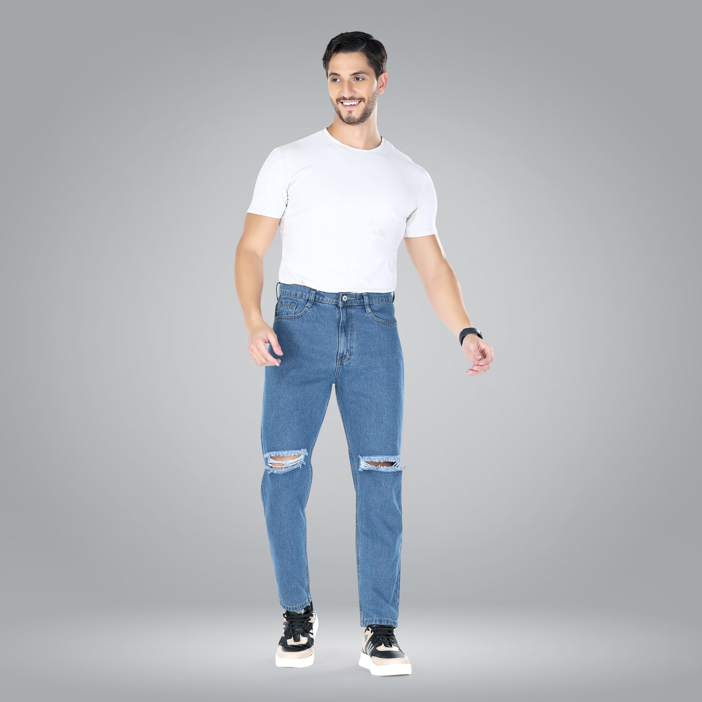 MQ Denim Non-Stretchable Blue Straight Fit Knee Ripped Distressed Stylish Mid Rise Pure Cotton Fabric Men's Jeans Offered in Various Shades