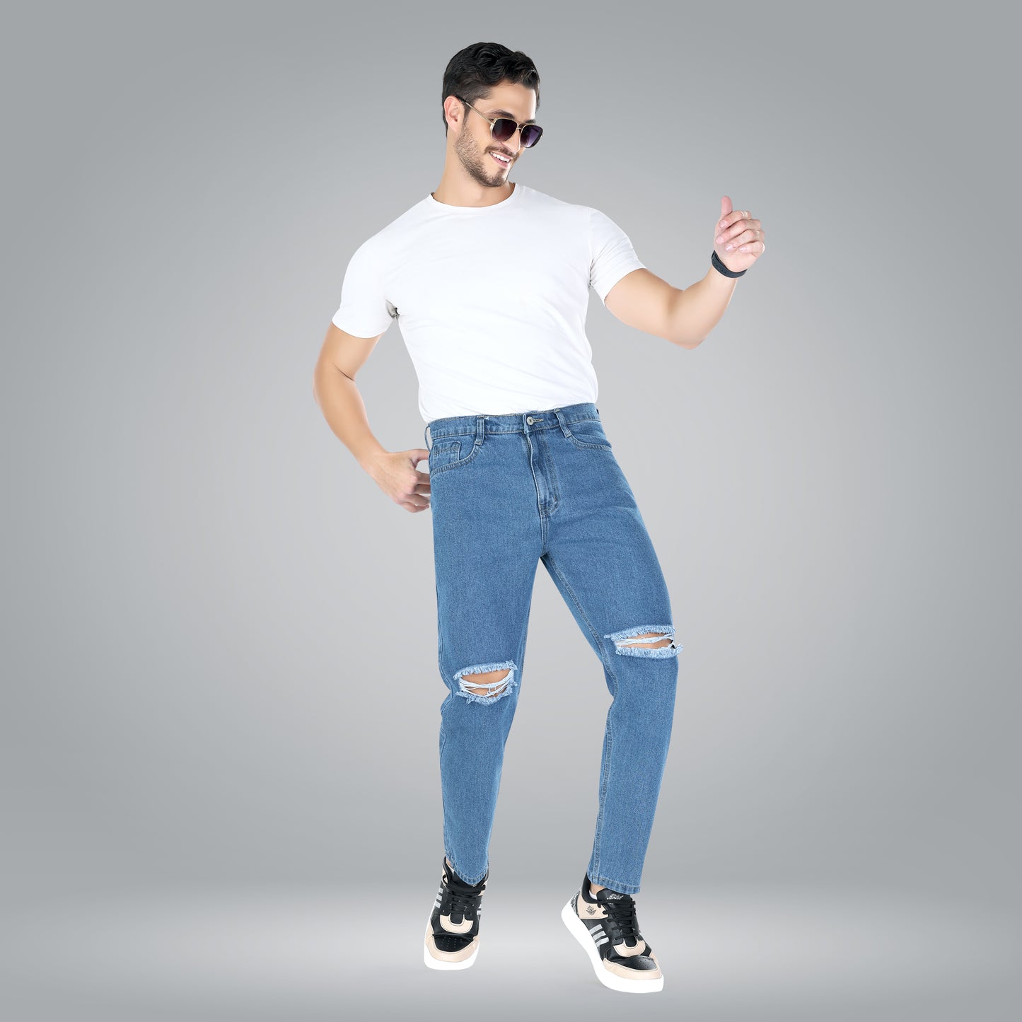 MQ Denim Non-Stretchable Blue Straight Fit Knee Ripped Distressed Stylish Mid Rise Pure Cotton Fabric Men's Jeans Offered in Various Shades