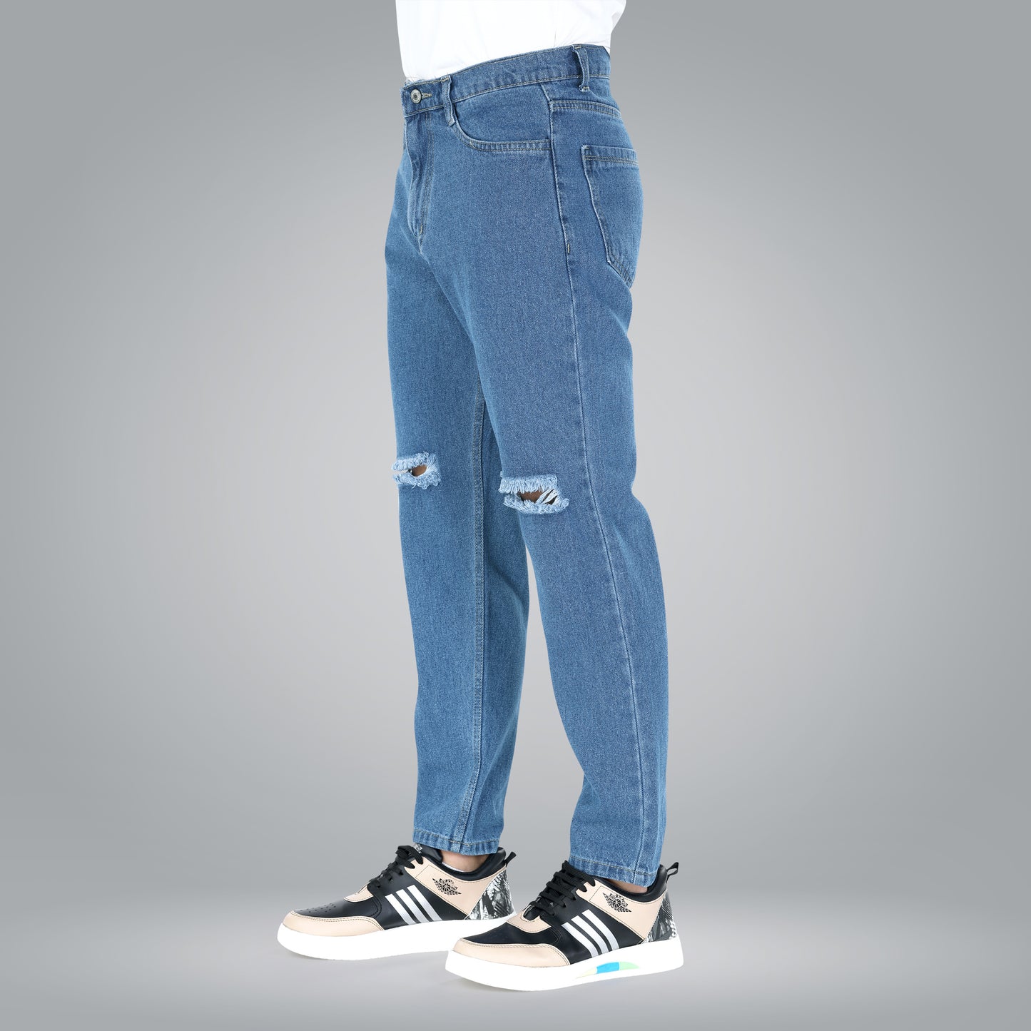 MQ Denim Non-Stretchable Blue Straight Fit Knee Ripped Distressed Stylish Mid Rise Pure Cotton Fabric Men's Jeans Offered in Various Shades