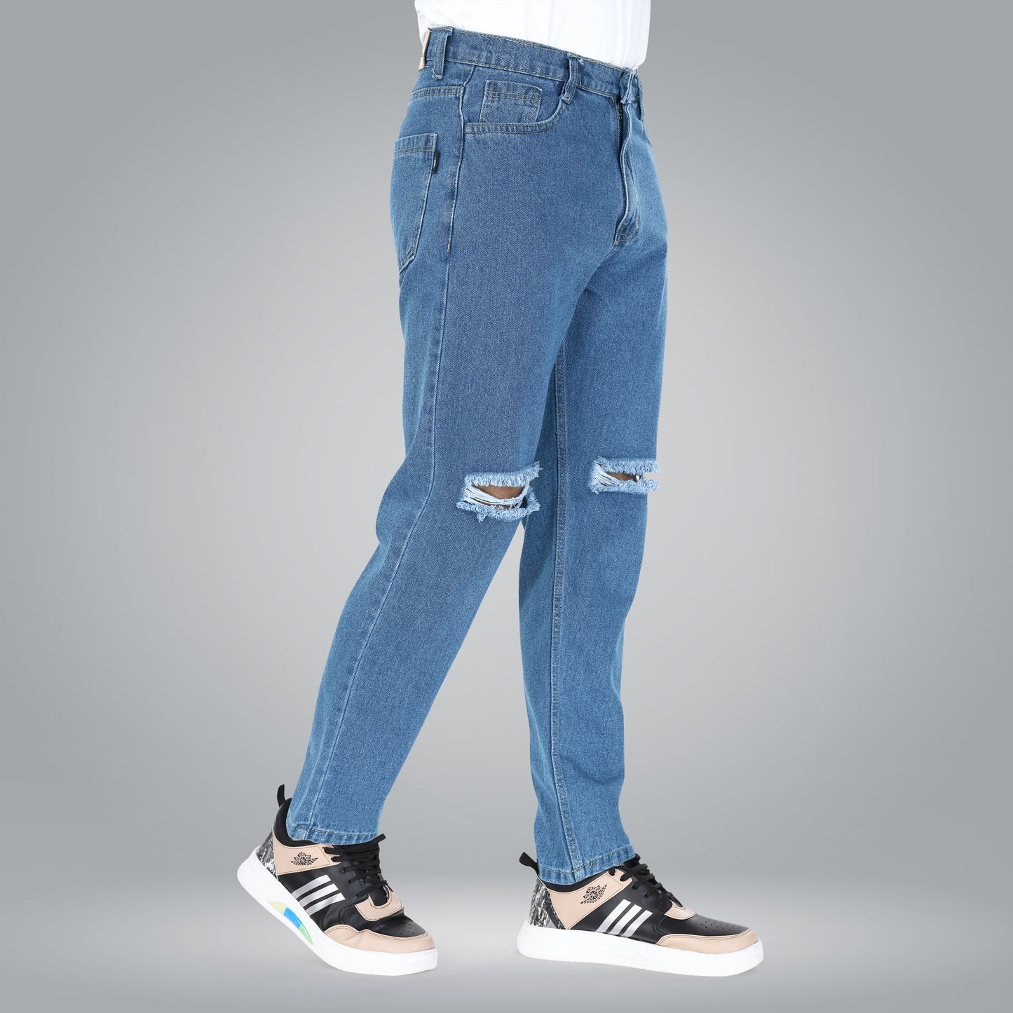 MQ Denim Non-Stretchable Blue Straight Fit Knee Ripped Distressed Stylish Mid Rise Pure Cotton Fabric Men's Jeans Offered in Various Shades