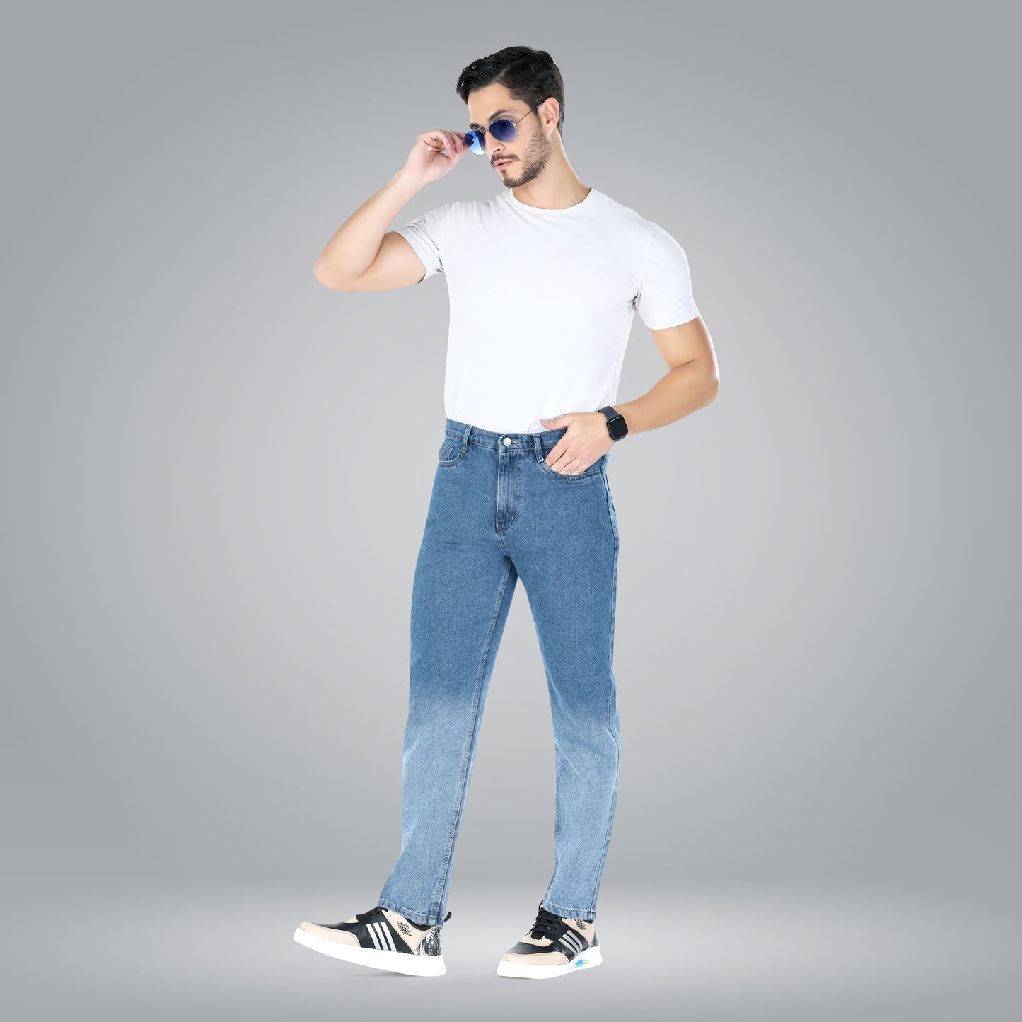 MQ Denim Men's Blue Ombre Style Regular Fit Mid Rise Non-Stretchable Pure Cotton Men's Jeans with Multiple Designs and Colour