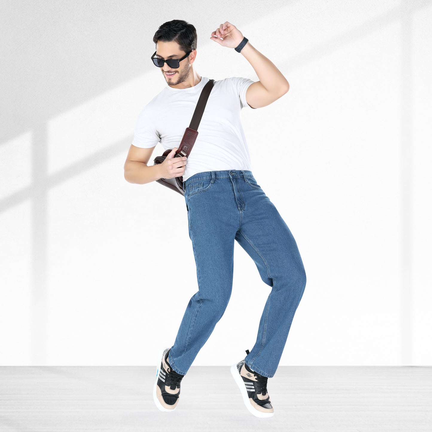 MQ Denim Men's Wide Leg Mid Rise Dark Blue Cargo Jeans, Non-Stretchable and Pure Cotton Denim. Trendy and Comfortable Casual Wear.