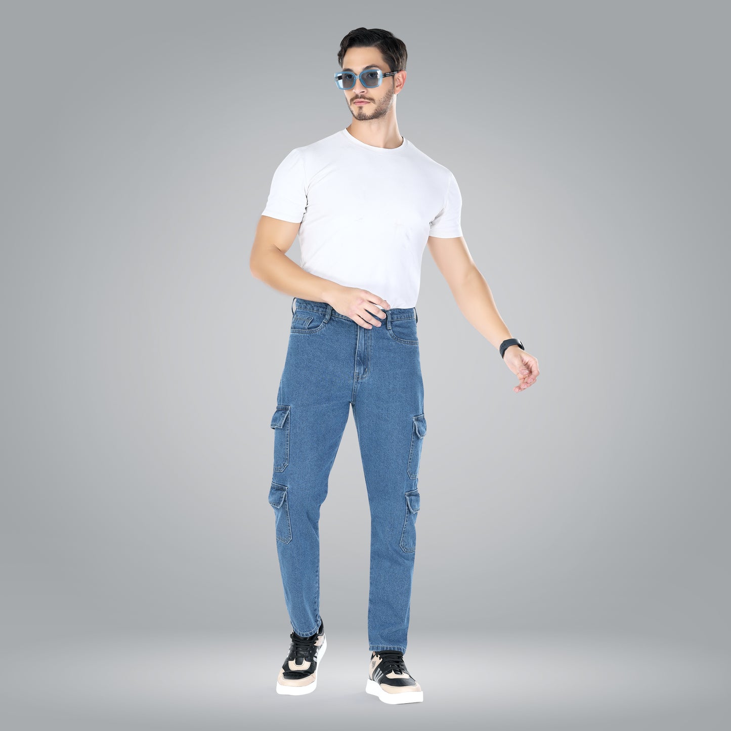MQ Denim Men's Straight Fit 8-Pocket Blue Cargo Mid Rise Jeans, Non-Stretchable and Pure Cotton Denim. Trendy and Comfortable