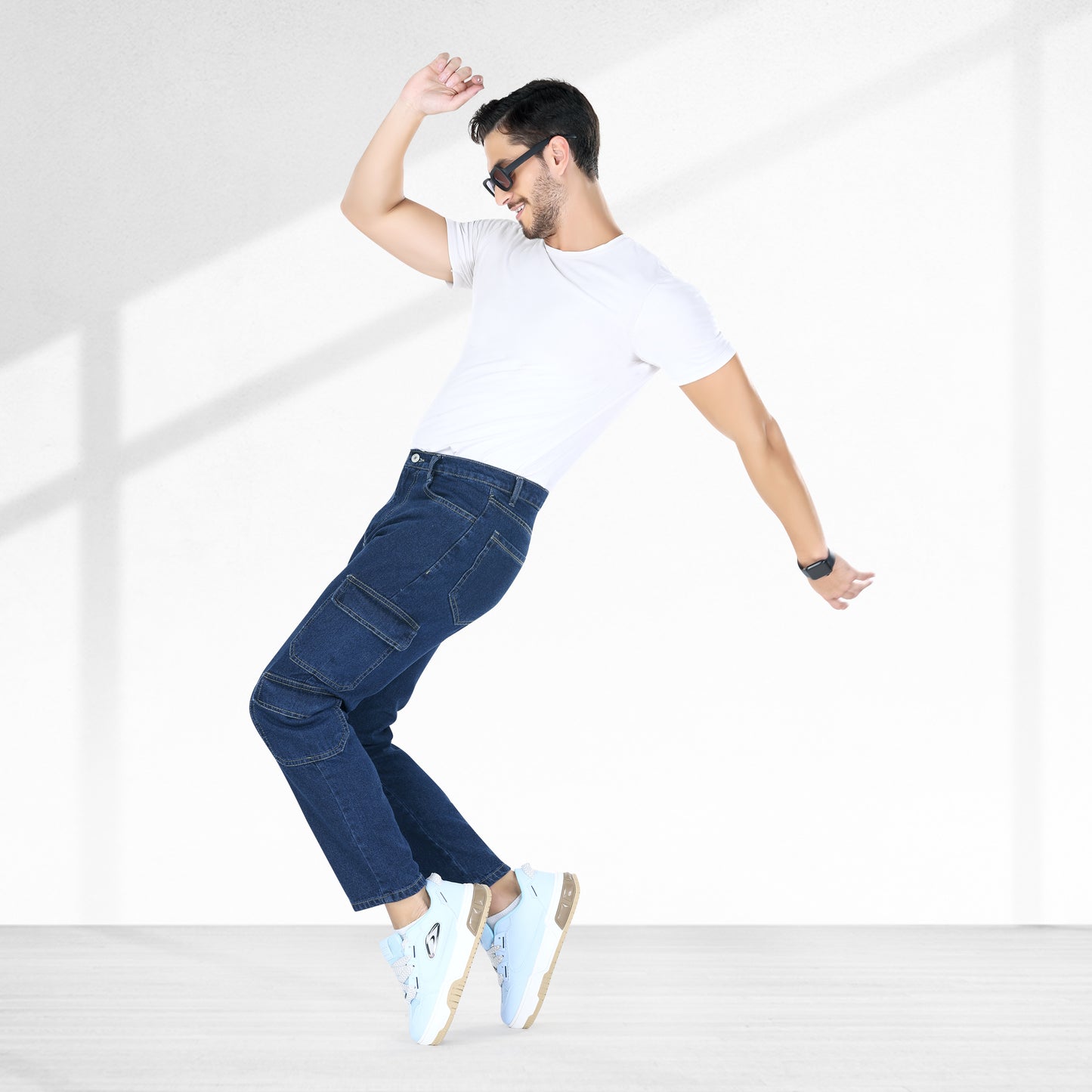 MQ Denim Men's Straight Fit 8-Pocket Dark Blue Cargo Mid Rise Jeans, Non-Stretchable and Pure Cotton Denim. Trendy and Comfortable