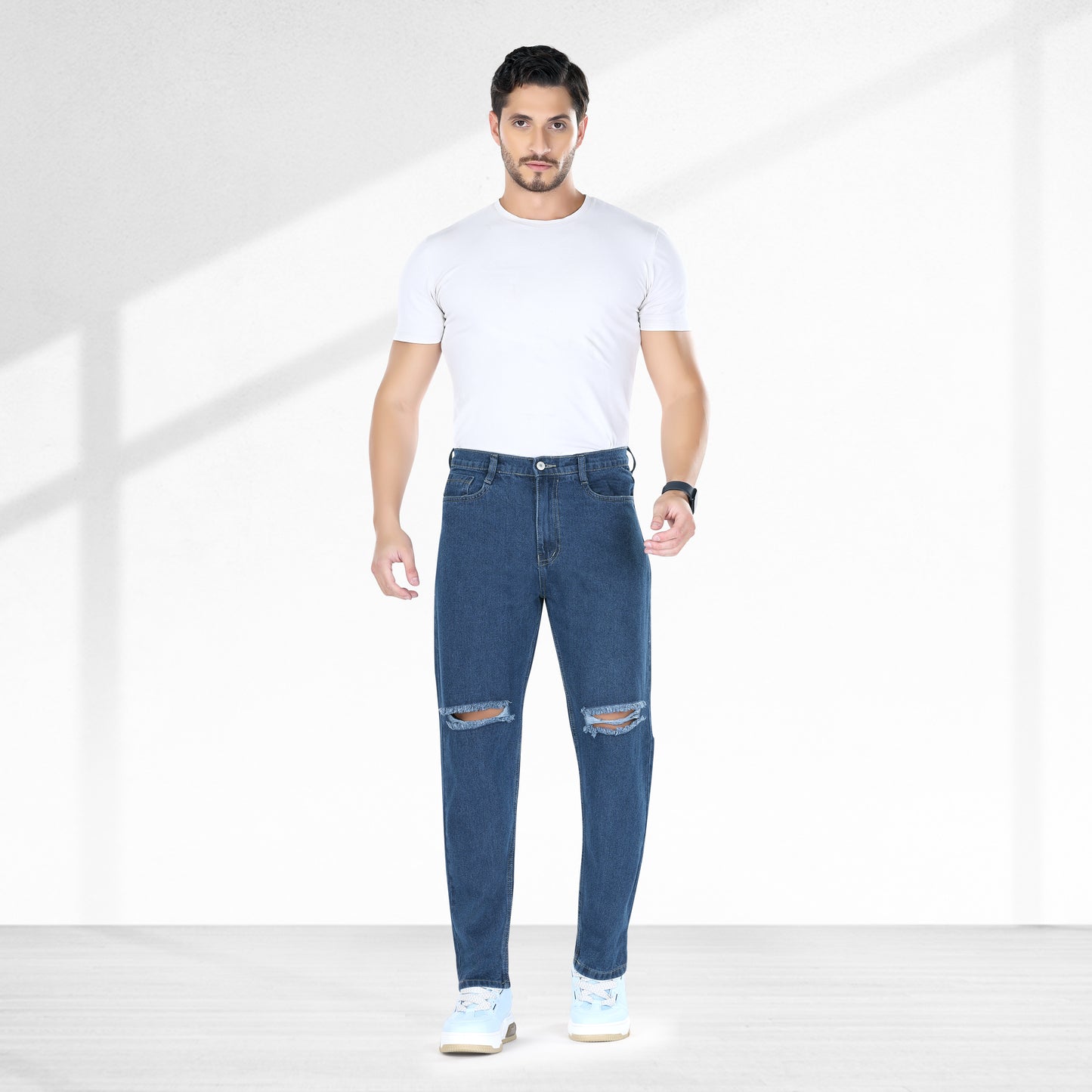 MQ Denim Non-Stretchable Dark Blue Straight Fit Knee Ripped Distressed Stylish Mid Rise Pure Cotton Fabric Men's Jeans Offered in Various Shades