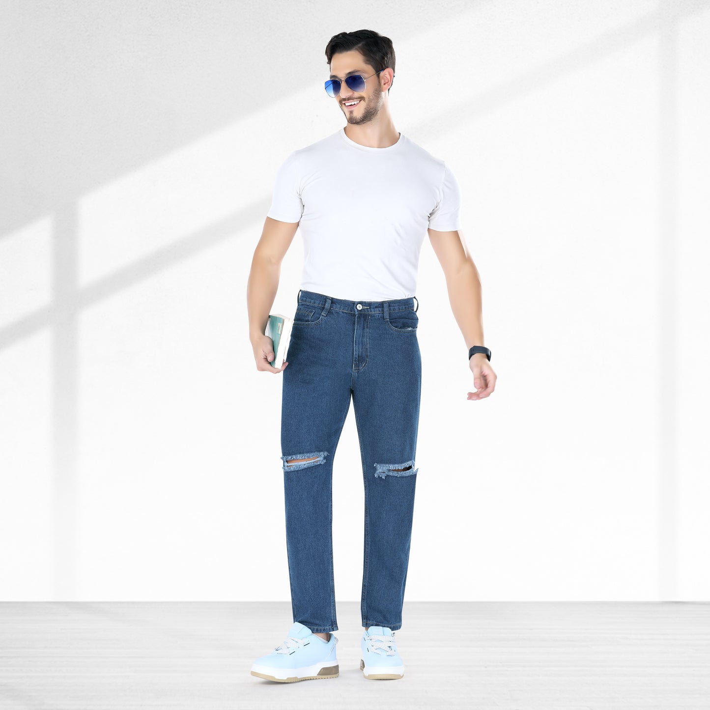 MQ Denim Non-Stretchable Dark Blue Straight Fit Knee Ripped Distressed Stylish Mid Rise Pure Cotton Fabric Men's Jeans Offered in Various Shades