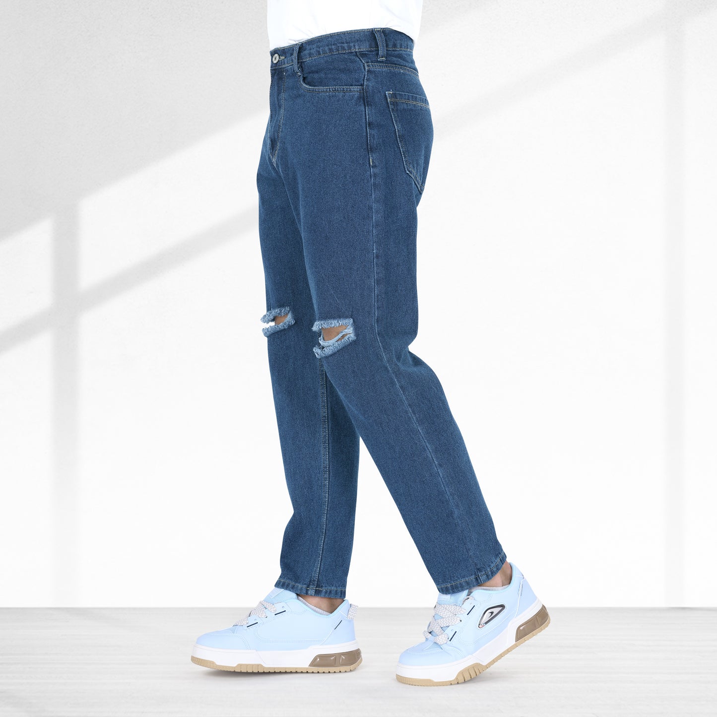 MQ Denim Non-Stretchable Dark Blue Straight Fit Knee Ripped Distressed Stylish Mid Rise Pure Cotton Fabric Men's Jeans Offered in Various Shades