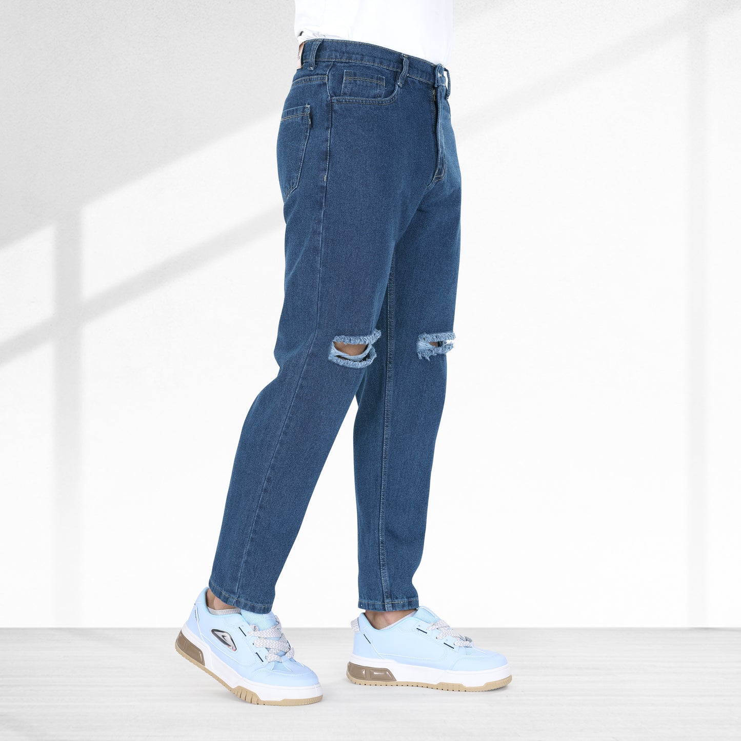 MQ Denim Non-Stretchable Dark Blue Straight Fit Knee Ripped Distressed Stylish Mid Rise Pure Cotton Fabric Men's Jeans Offered in Various Shades