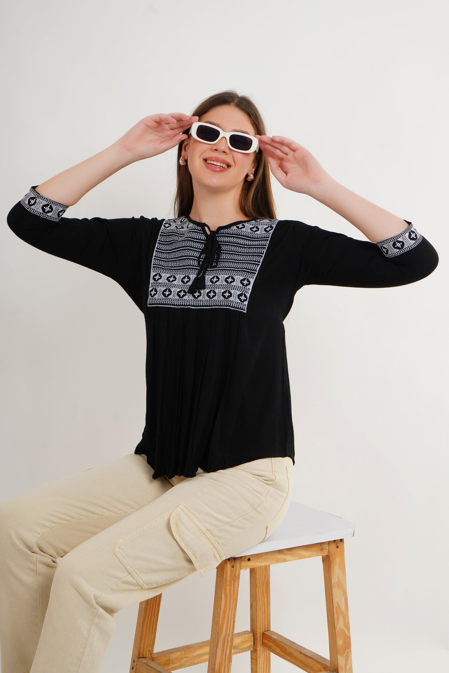 MeQueen Women’s Black Color Top with White Lace Work