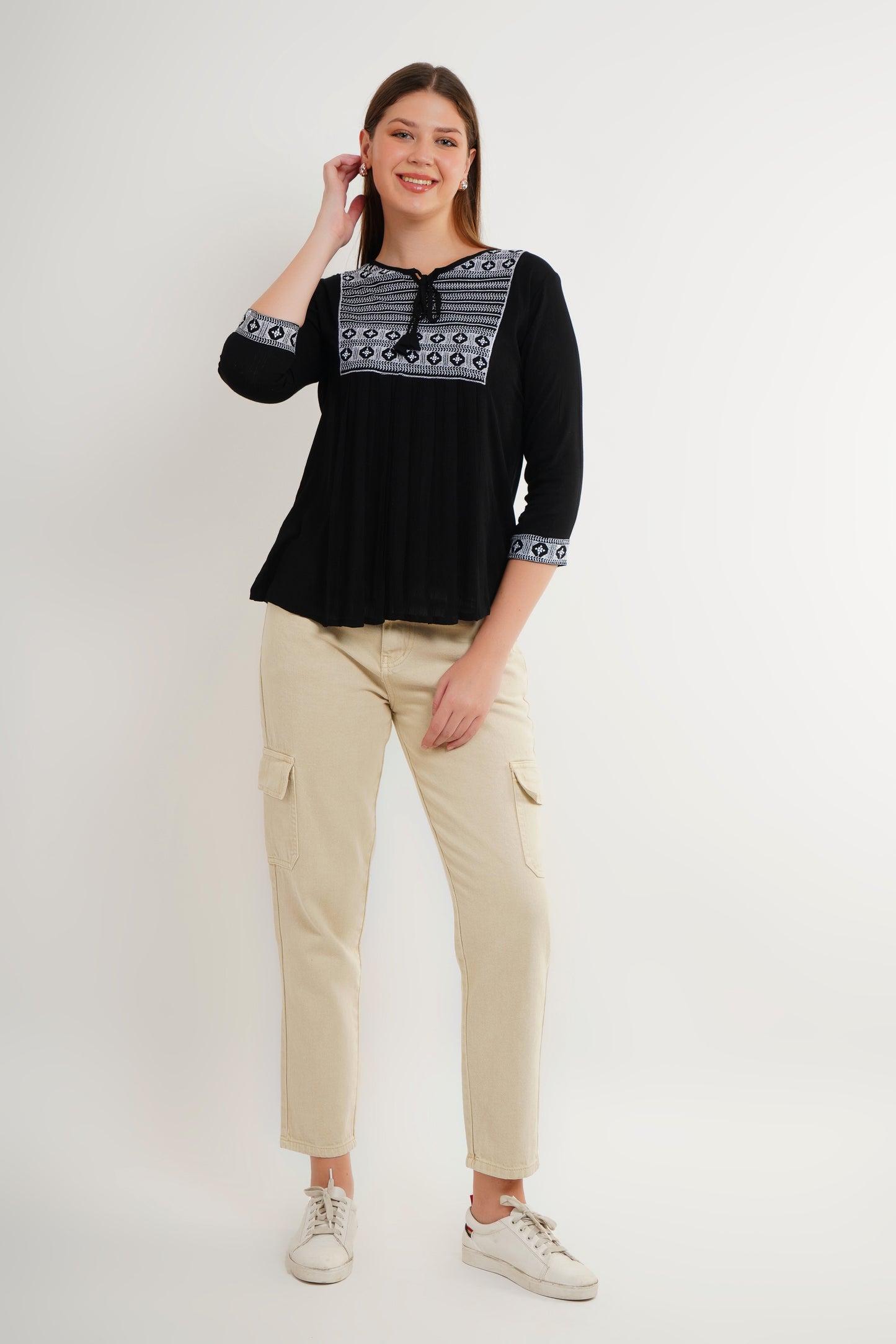 MeQueen Women’s Black Color Top with White Lace Work